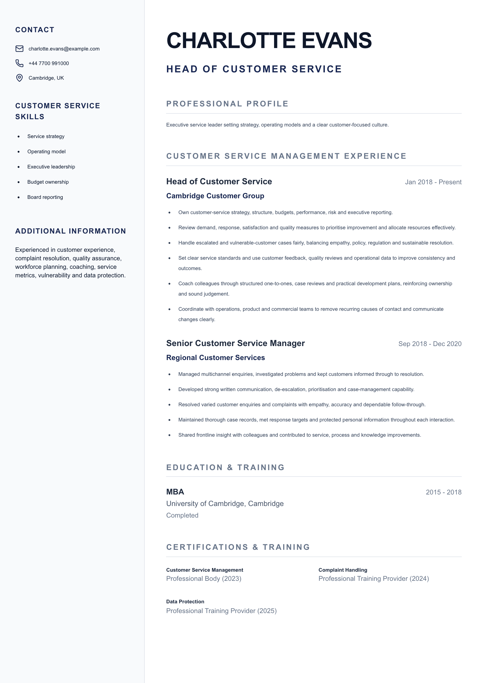 Head of Customer Service CV template