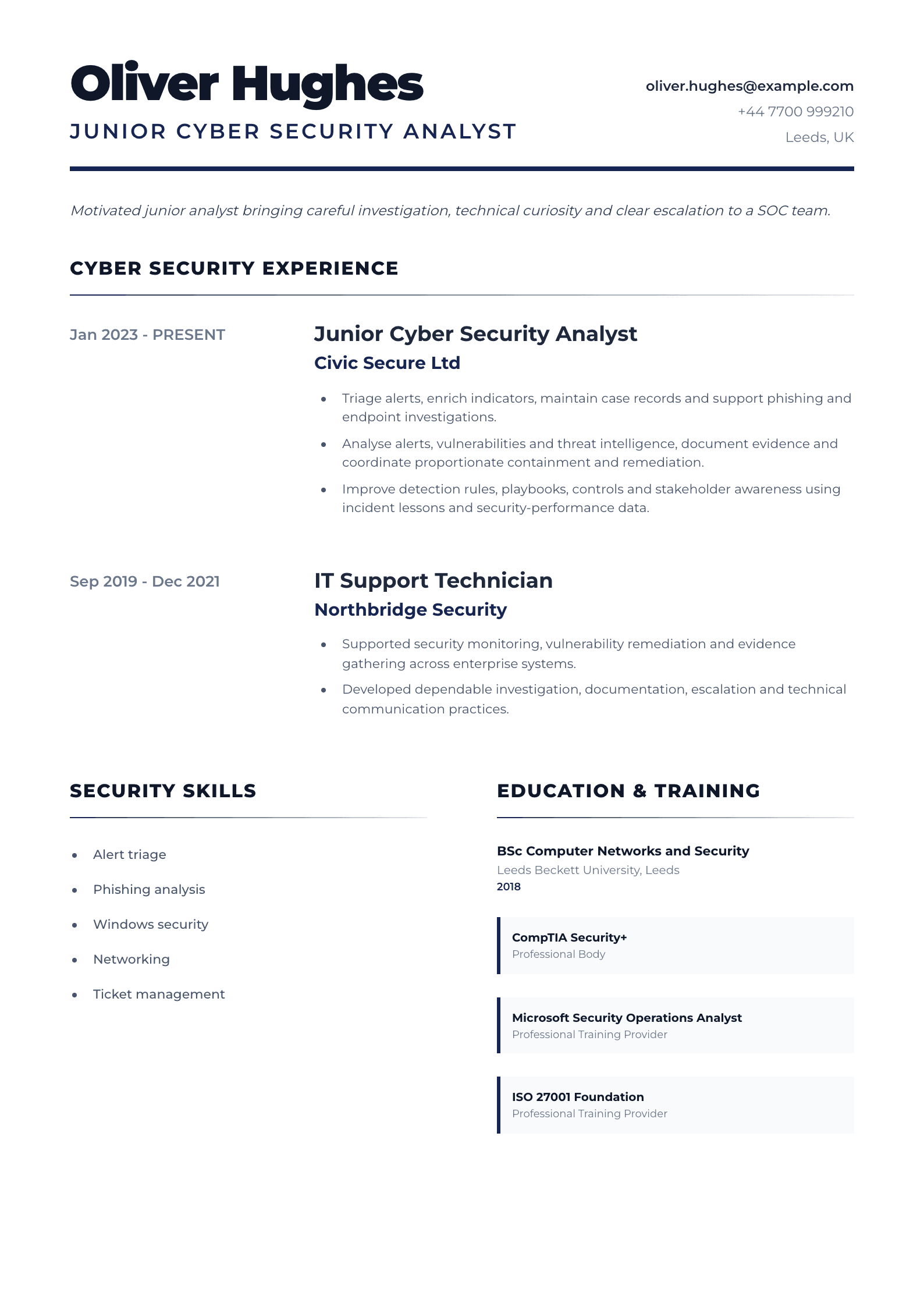 Junior Cyber Security Analyst CV template