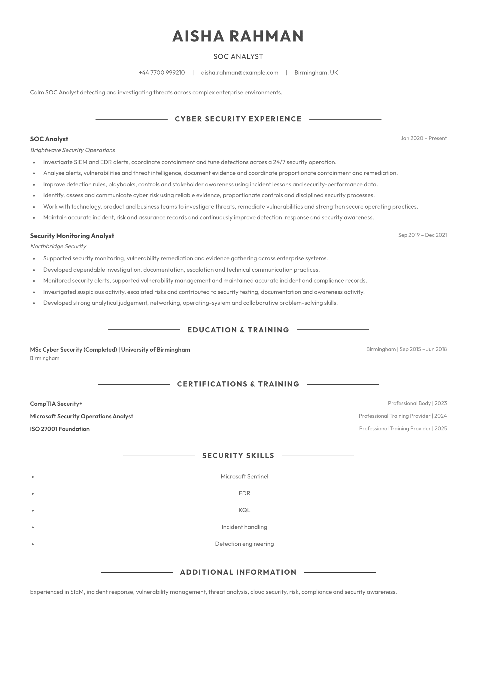 SOC Analyst CV template
