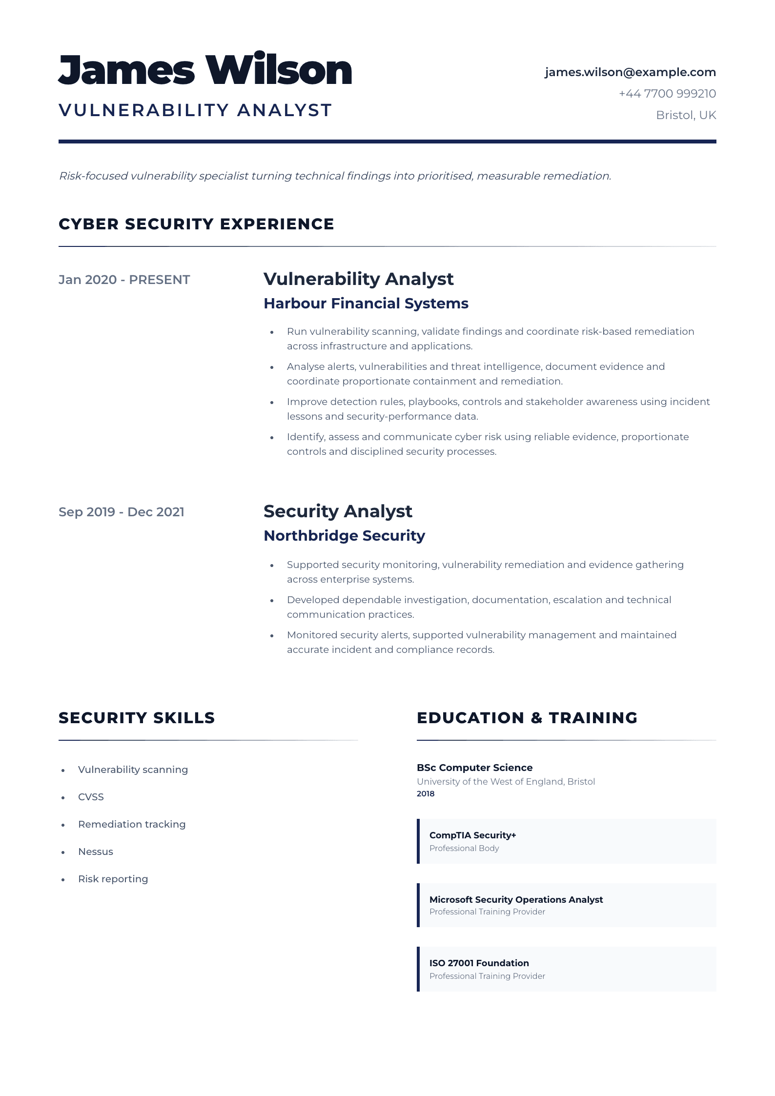 Vulnerability Analyst CV template