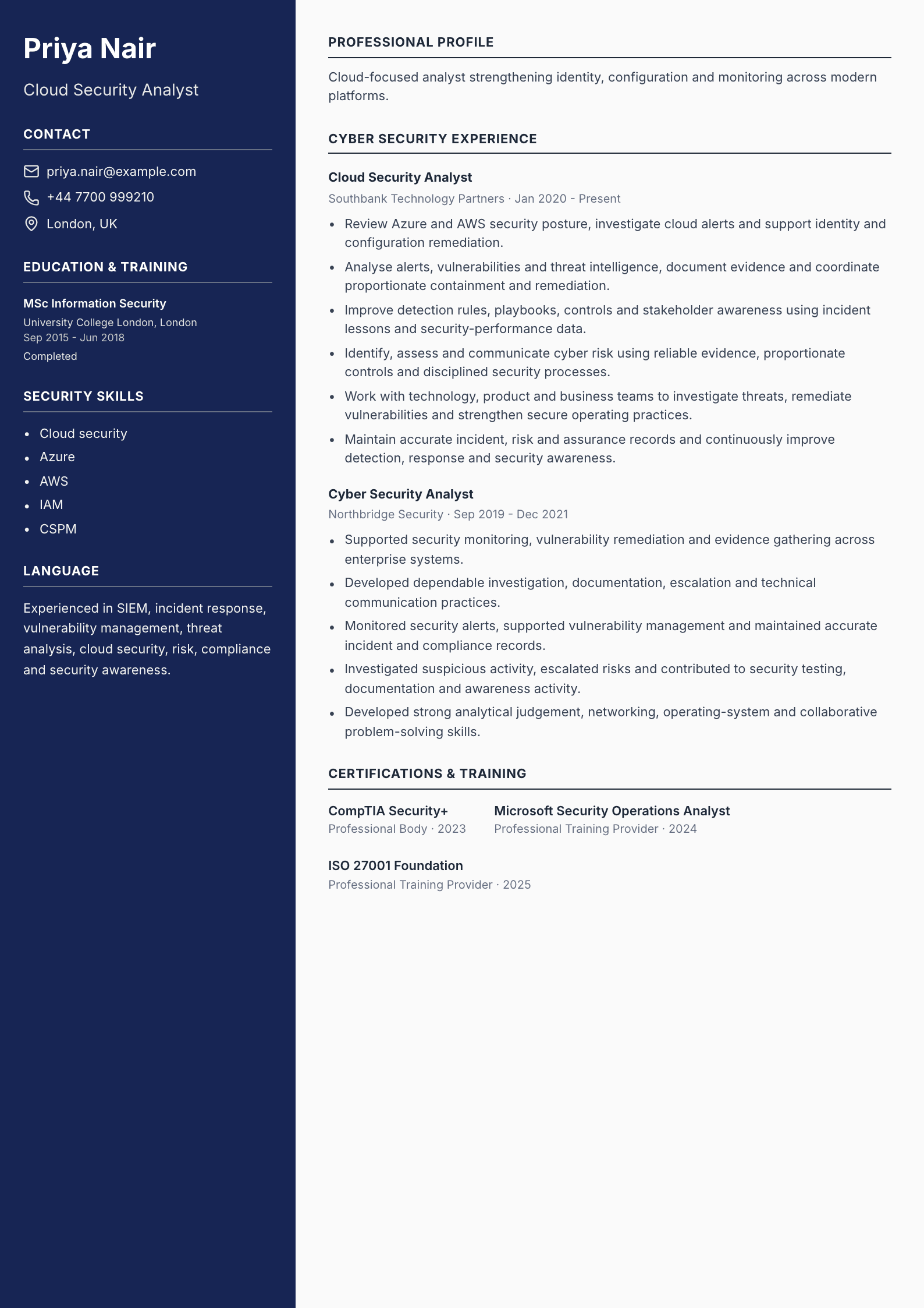 Cloud Security Analyst CV template