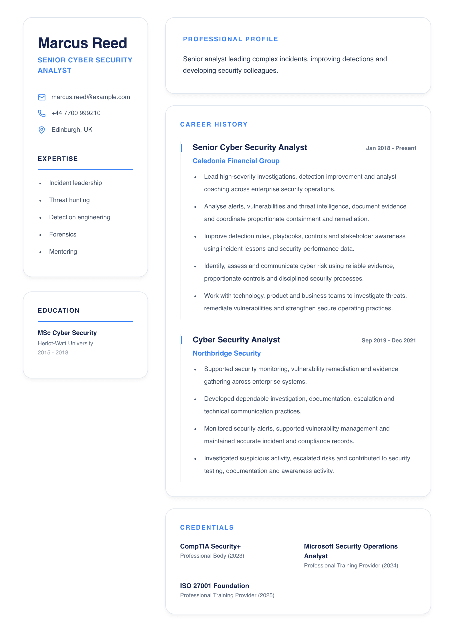 Senior Cyber Security Analyst CV template