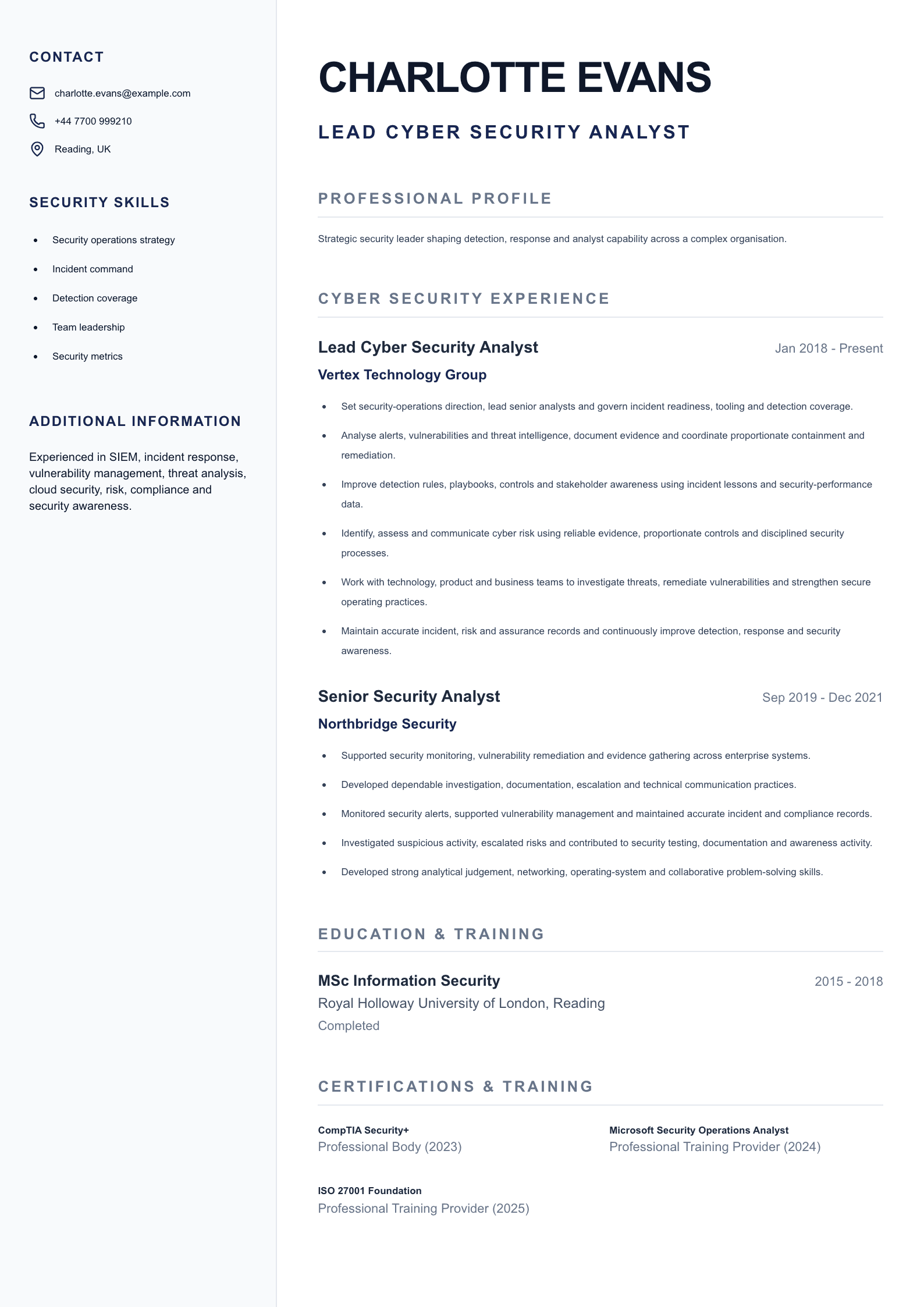 Lead Cyber Security Analyst CV template