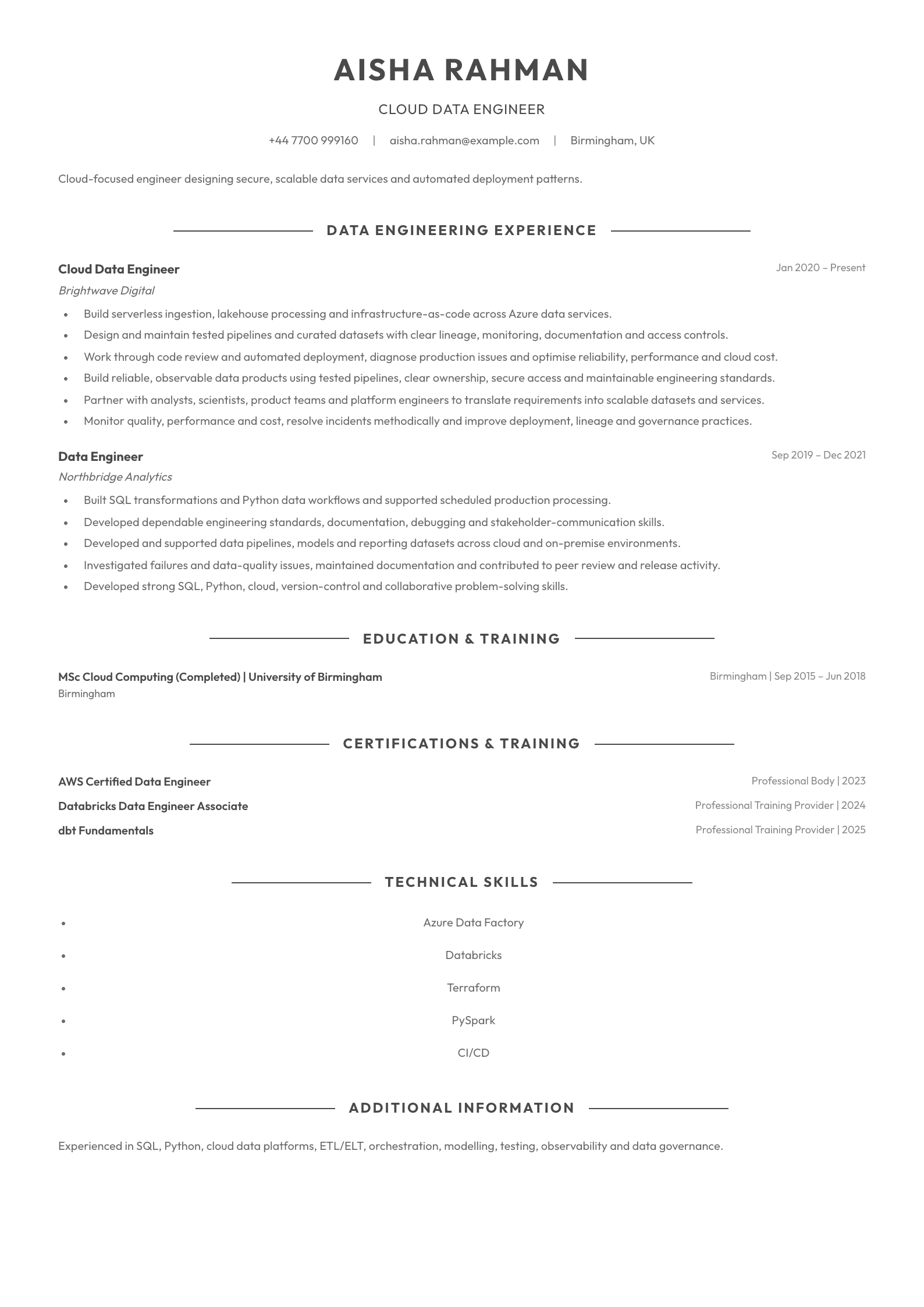 Cloud Data Engineer CV template