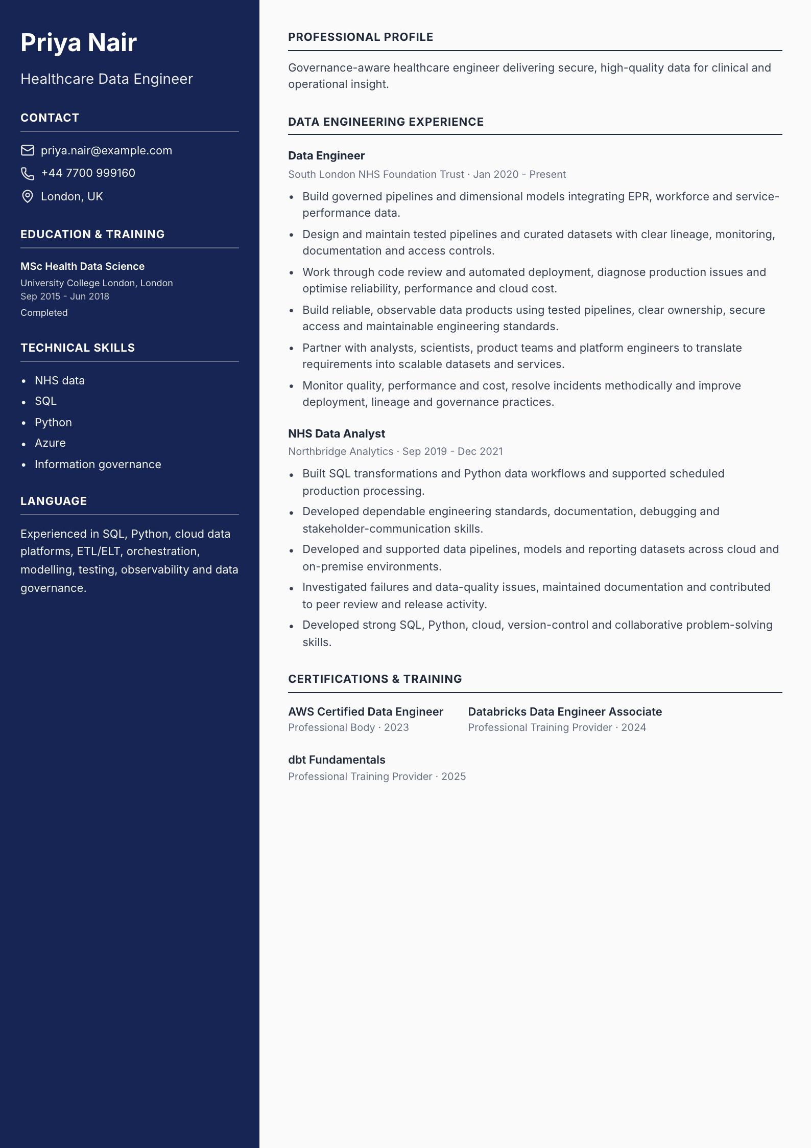 Healthcare Data Engineer CV template