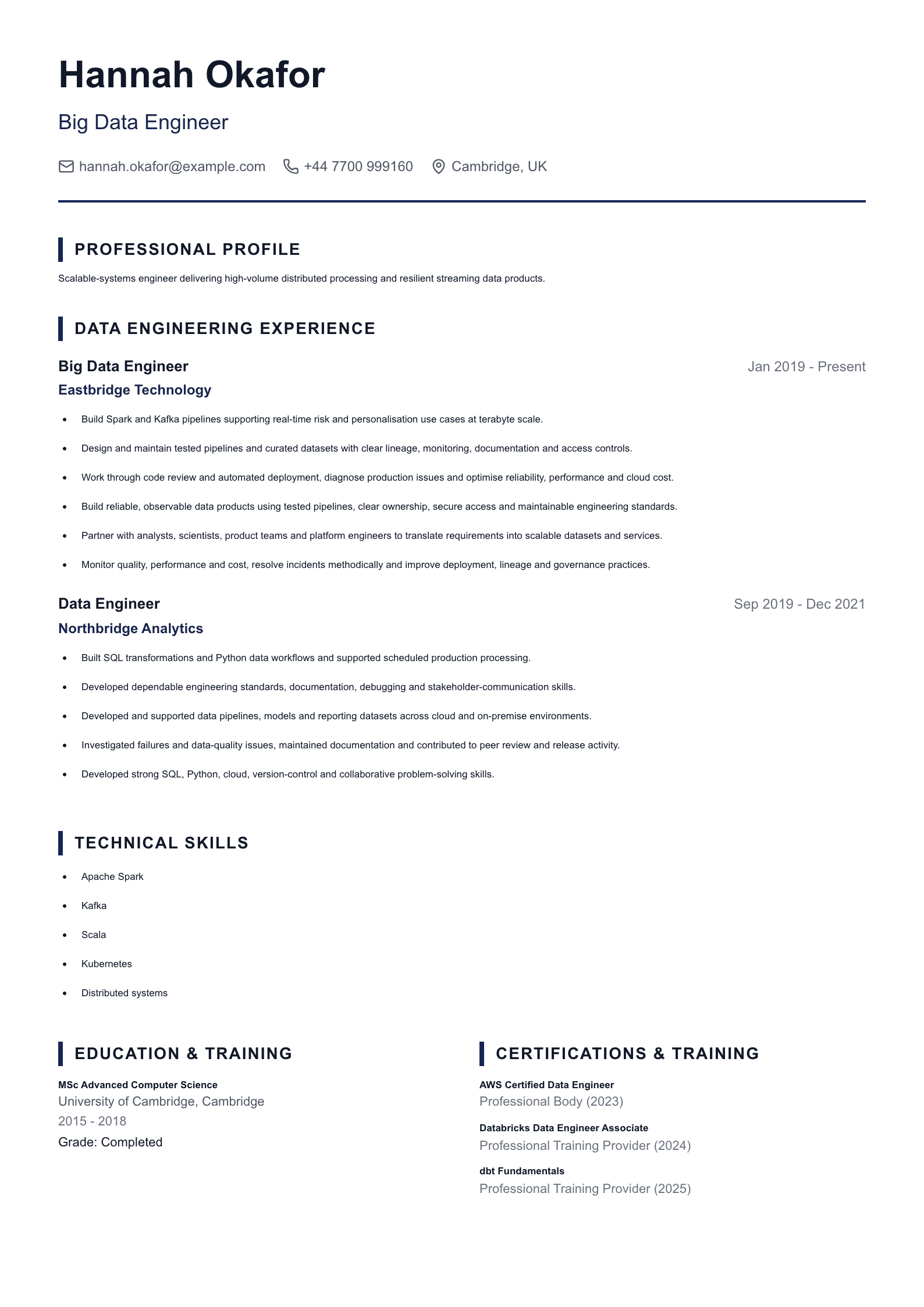 Big Data Engineer CV template