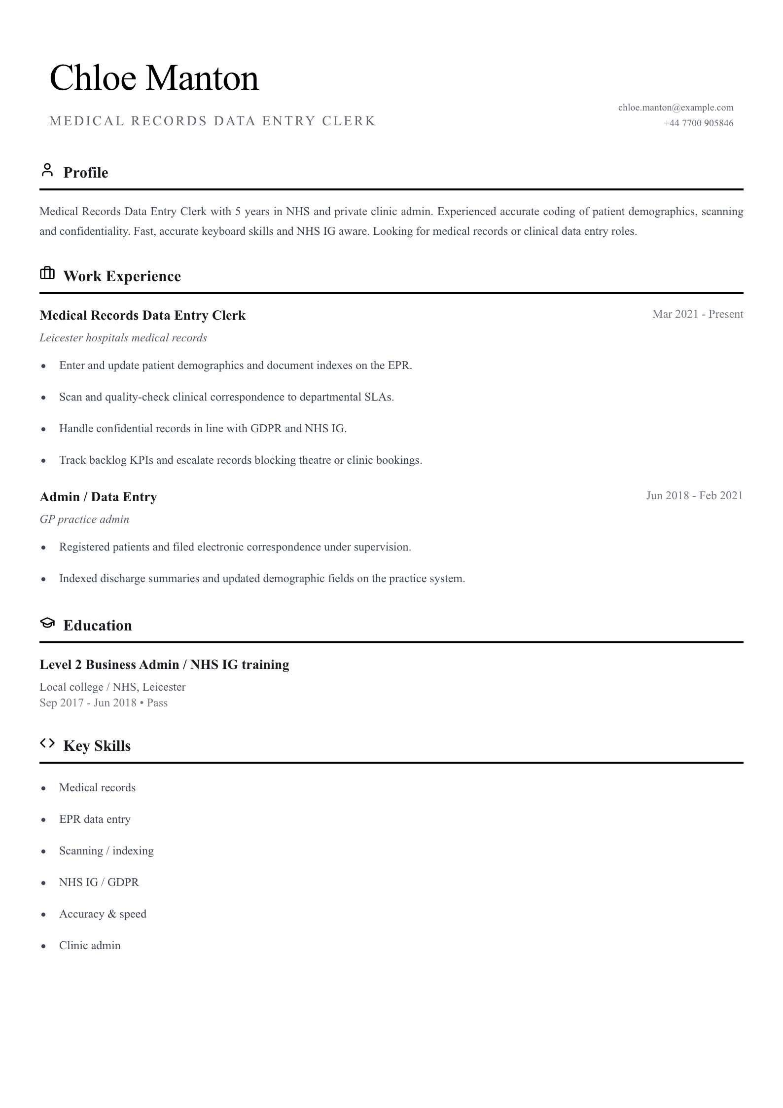 medical records data entry cv template