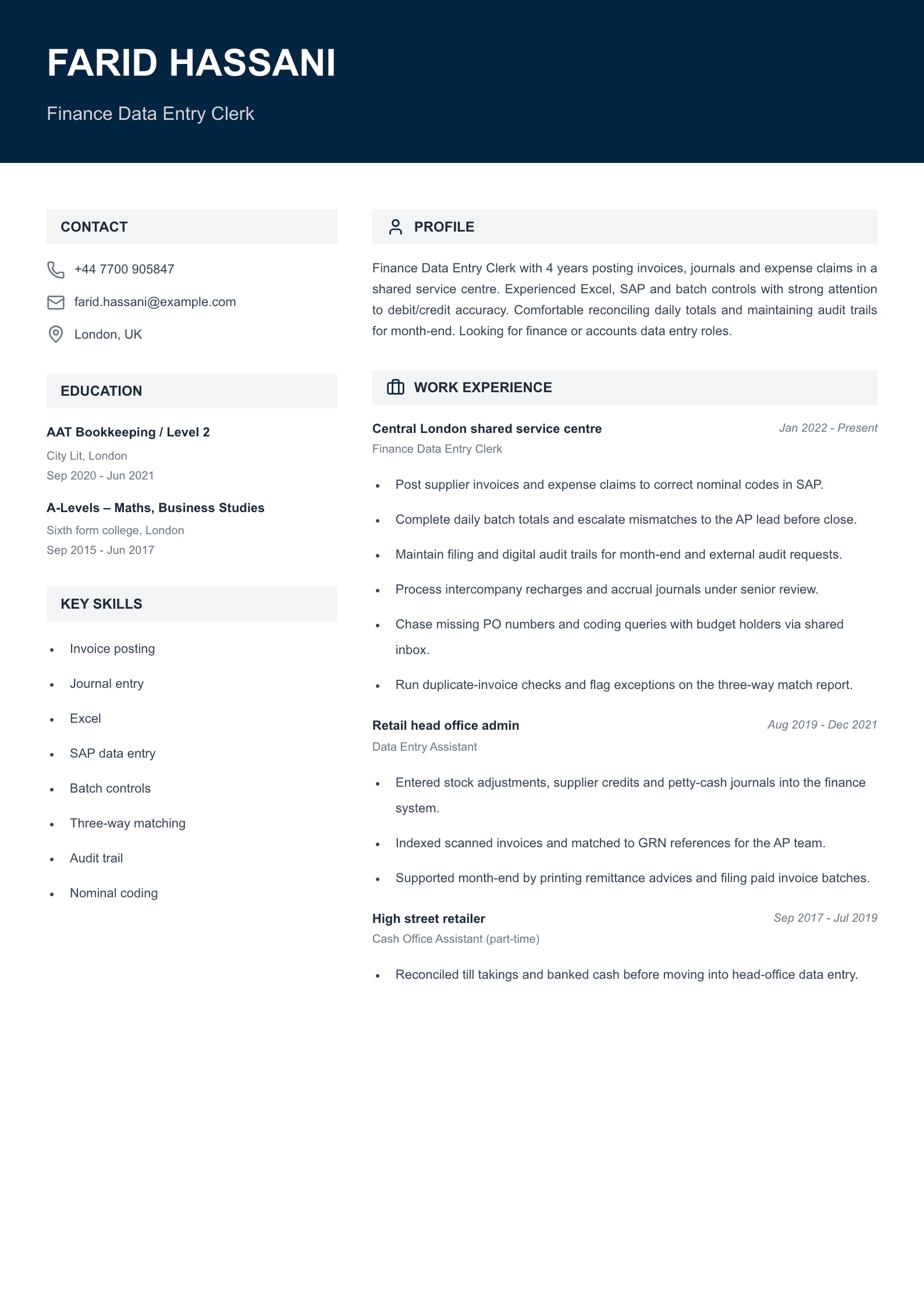 finance data entry cv template