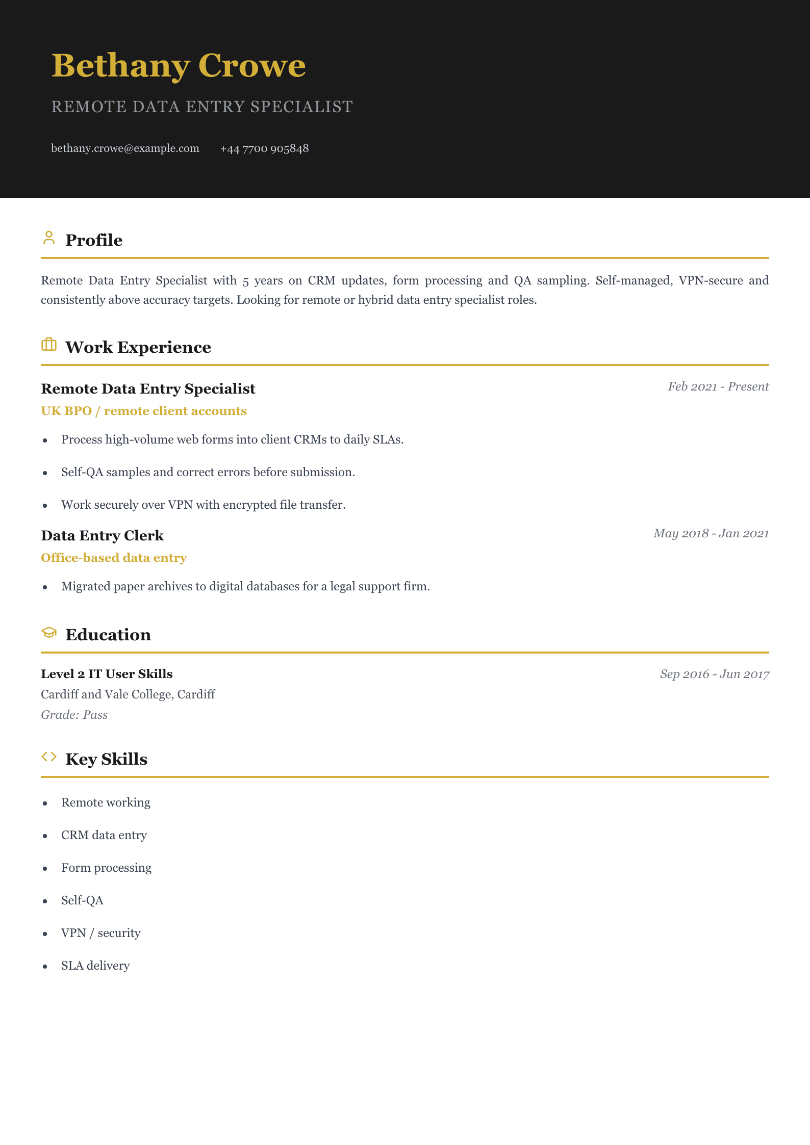 remote data entry specialist cv template