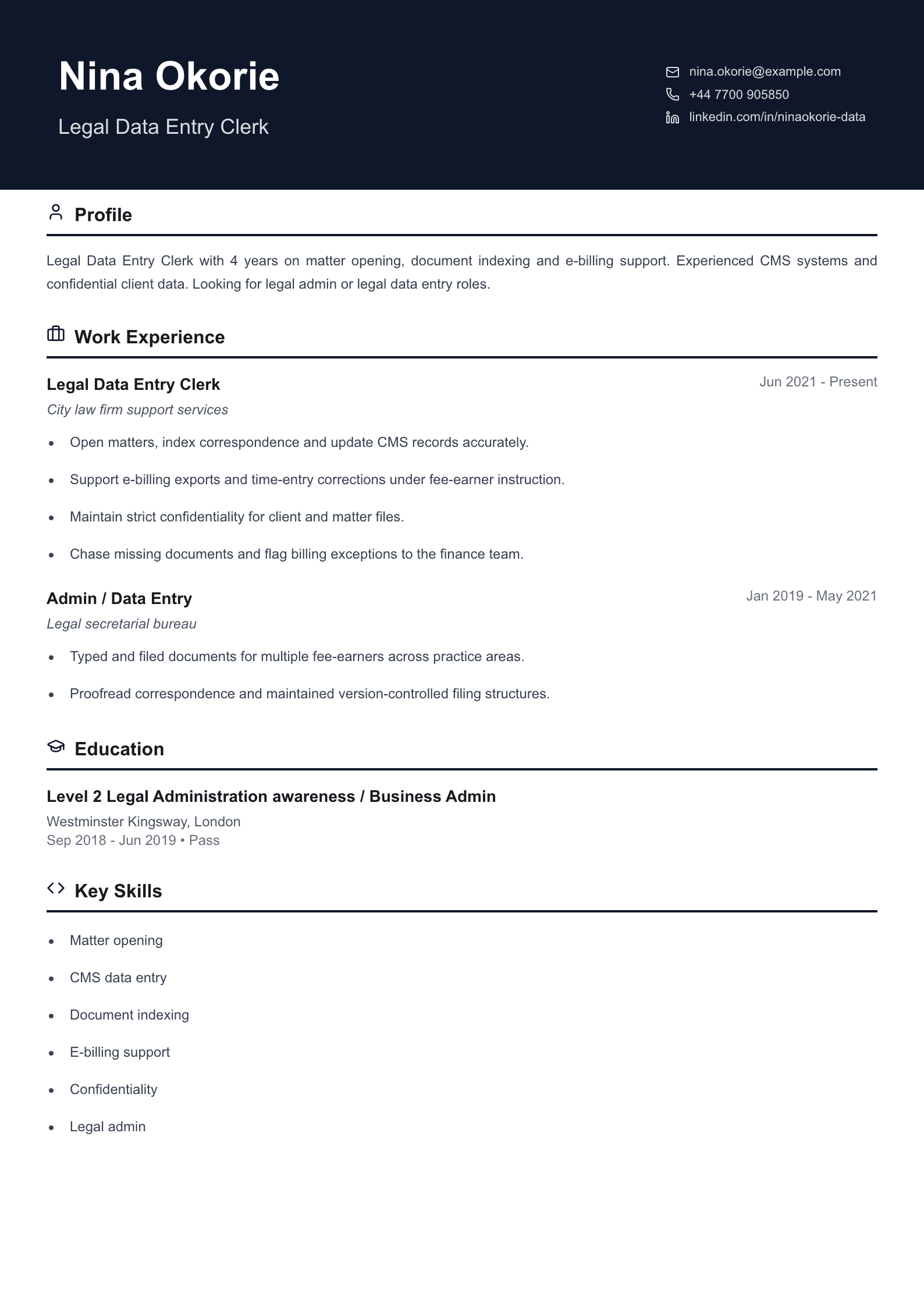 legal data entry clerk cv template