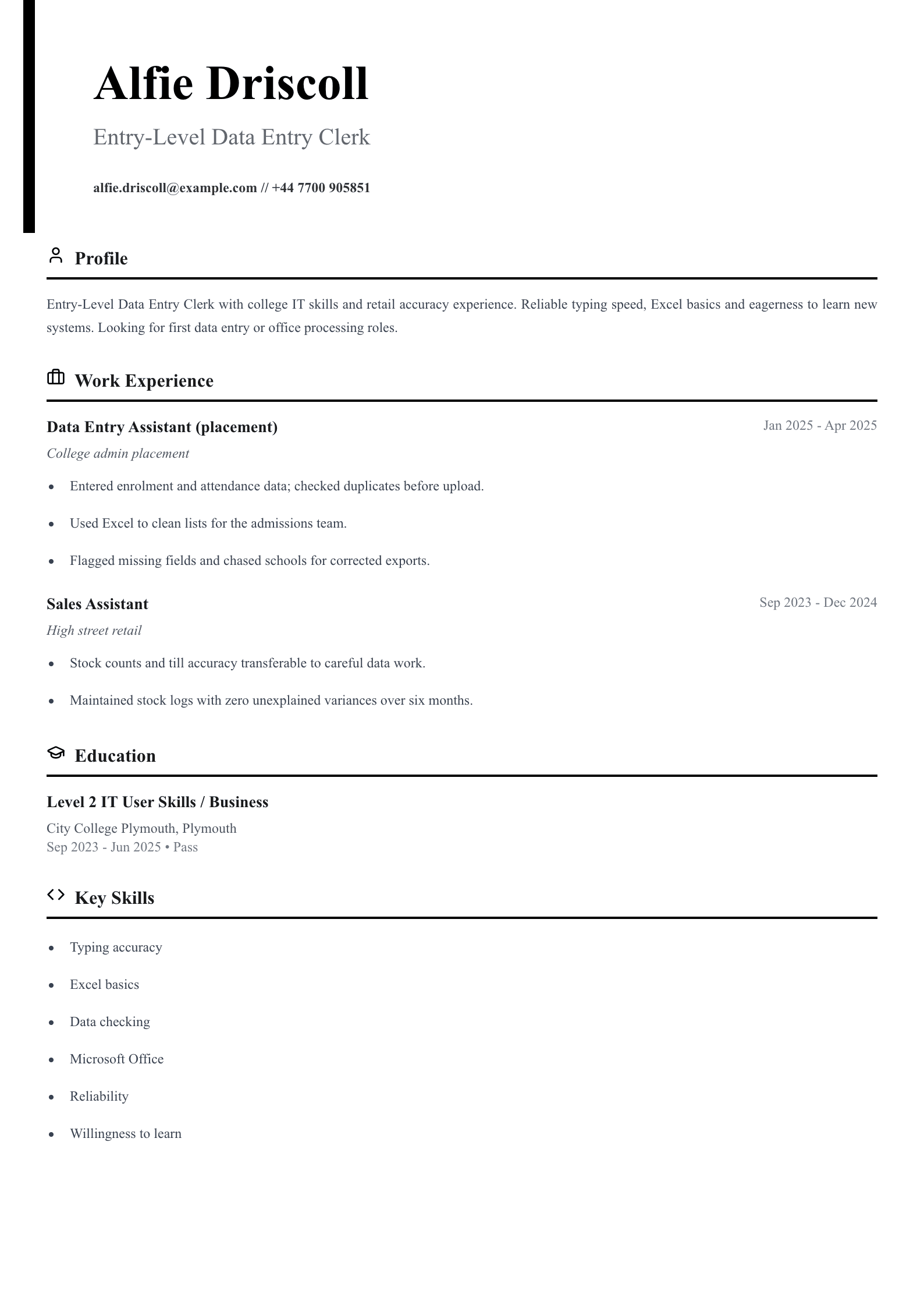 entry level data entry cv template