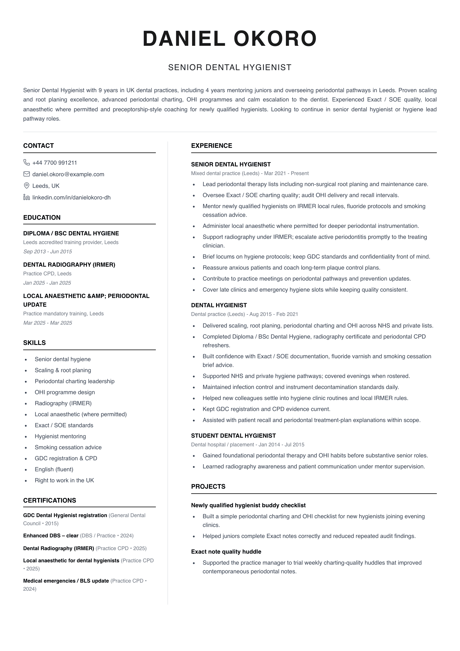 senior dental hygienist cv template
