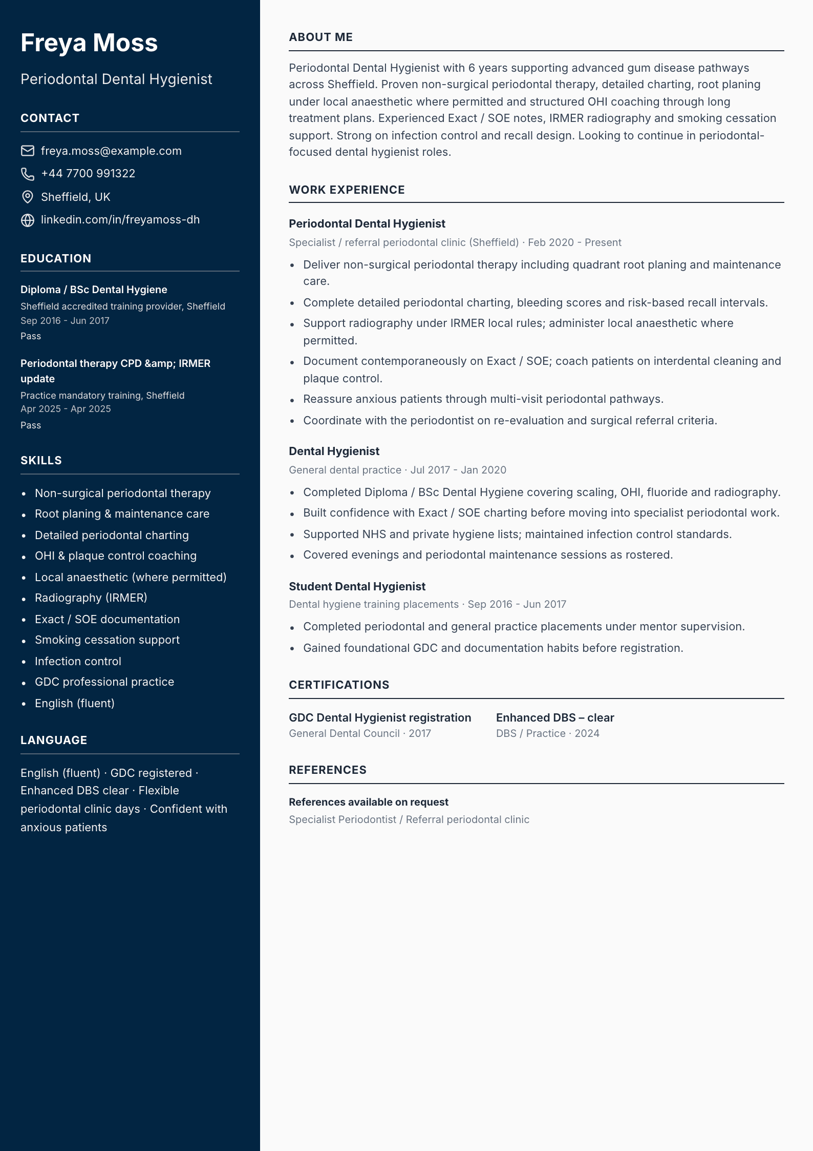 Periodontal dental hygienist CV template