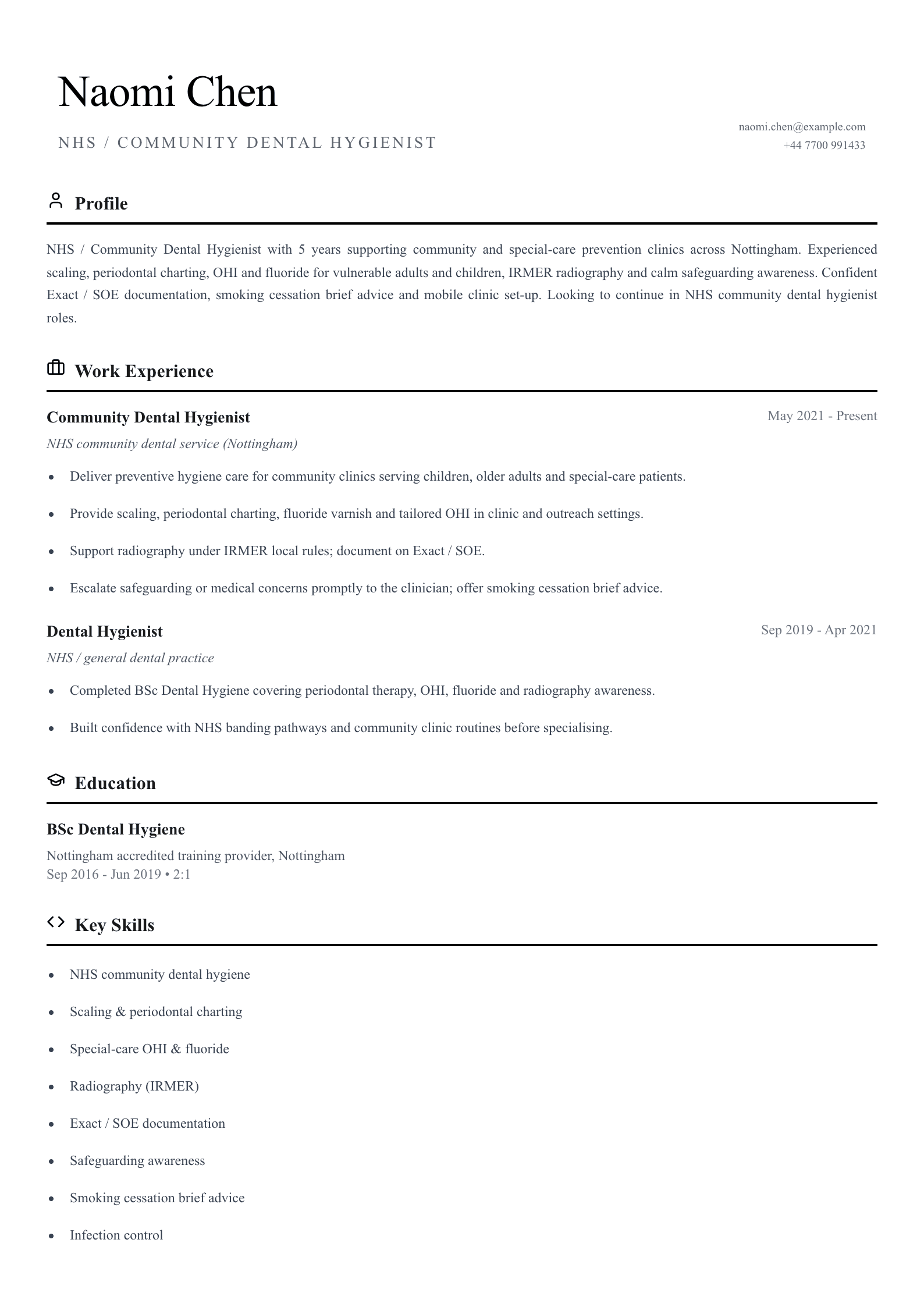 nhs community dental hygienist cv template