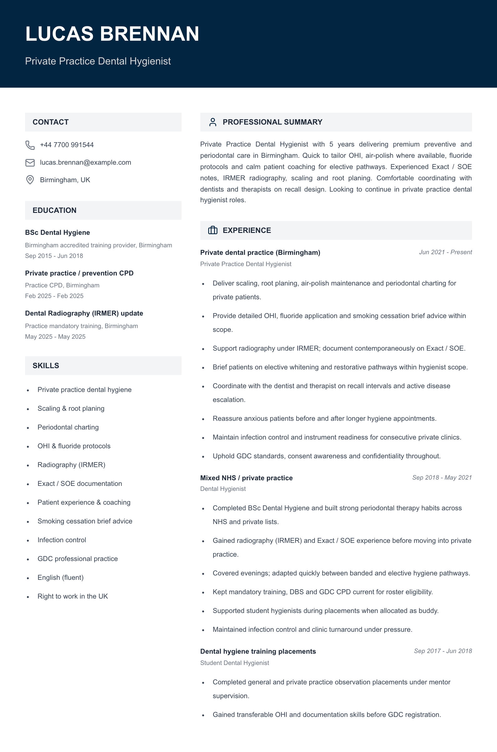 Private practice dental hygienist CV template