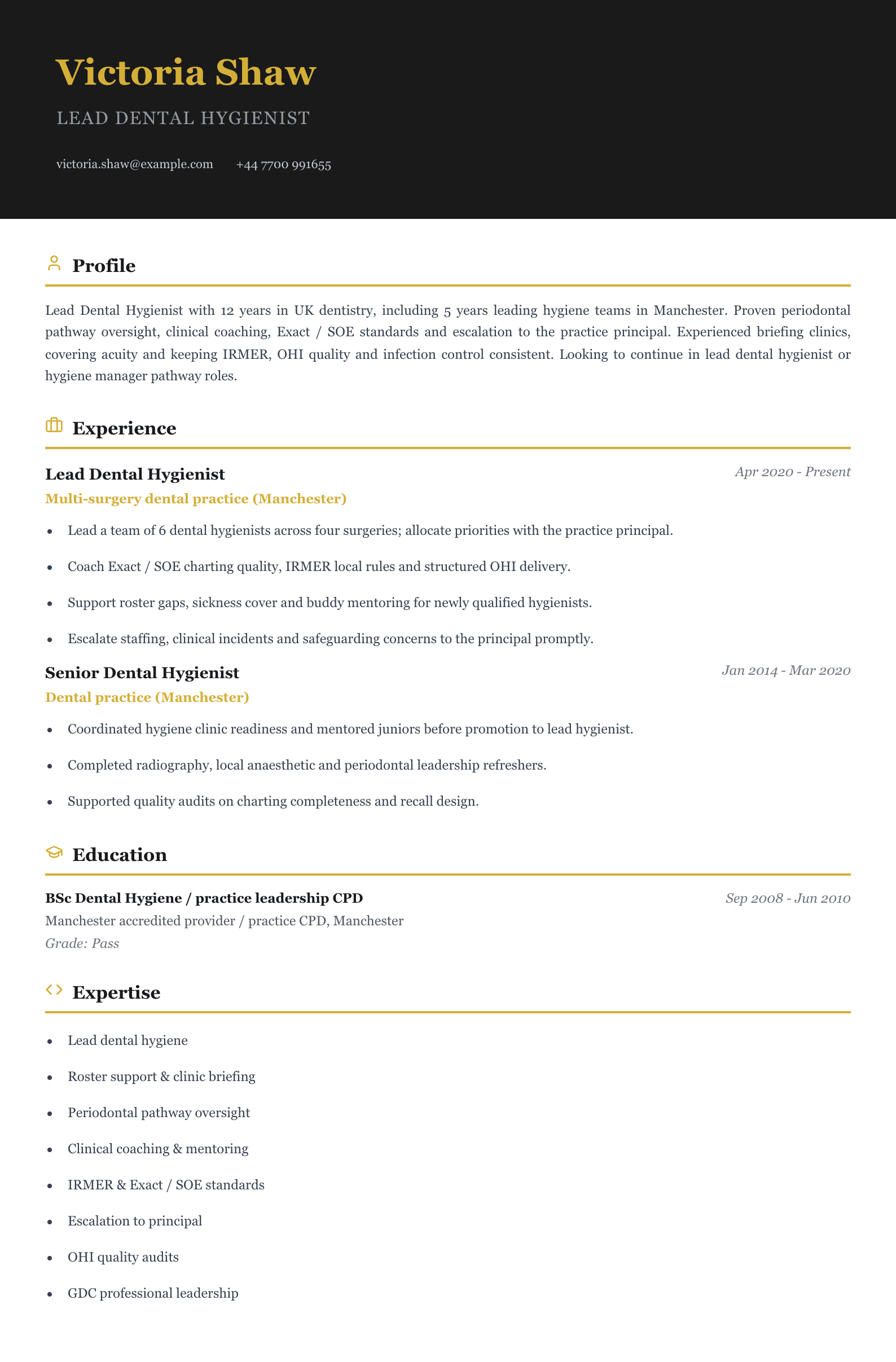 lead dental hygienist cv template