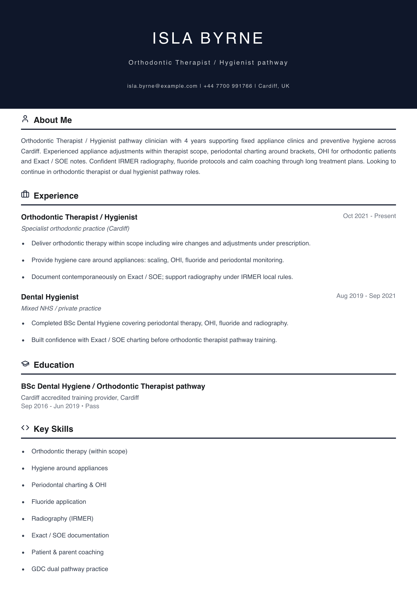 orthodontic therapist hygienist cv template