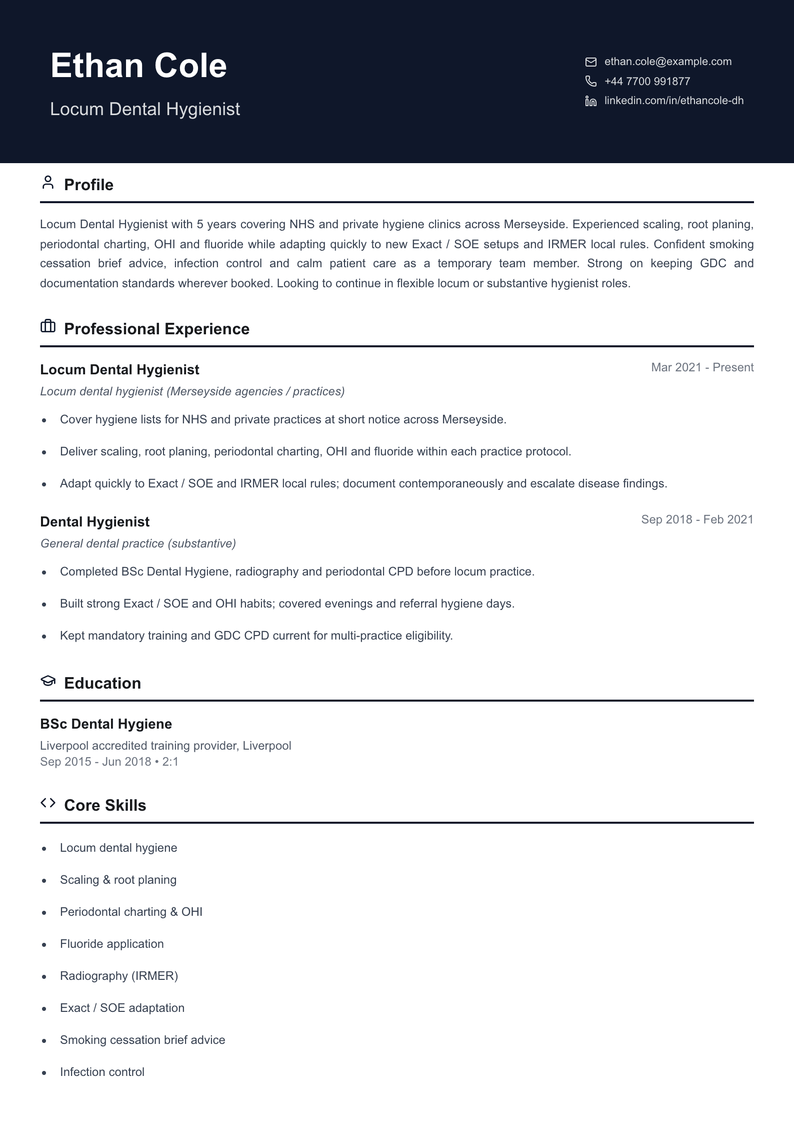 locum dental hygienist cv template