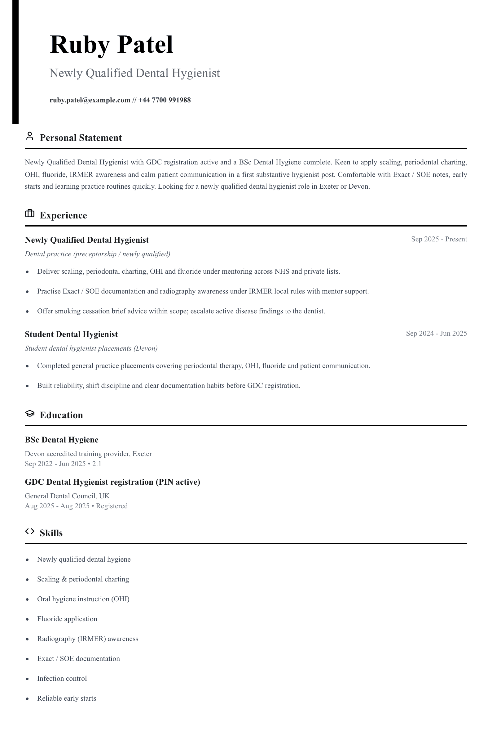 newly qualified dental hygienist cv template