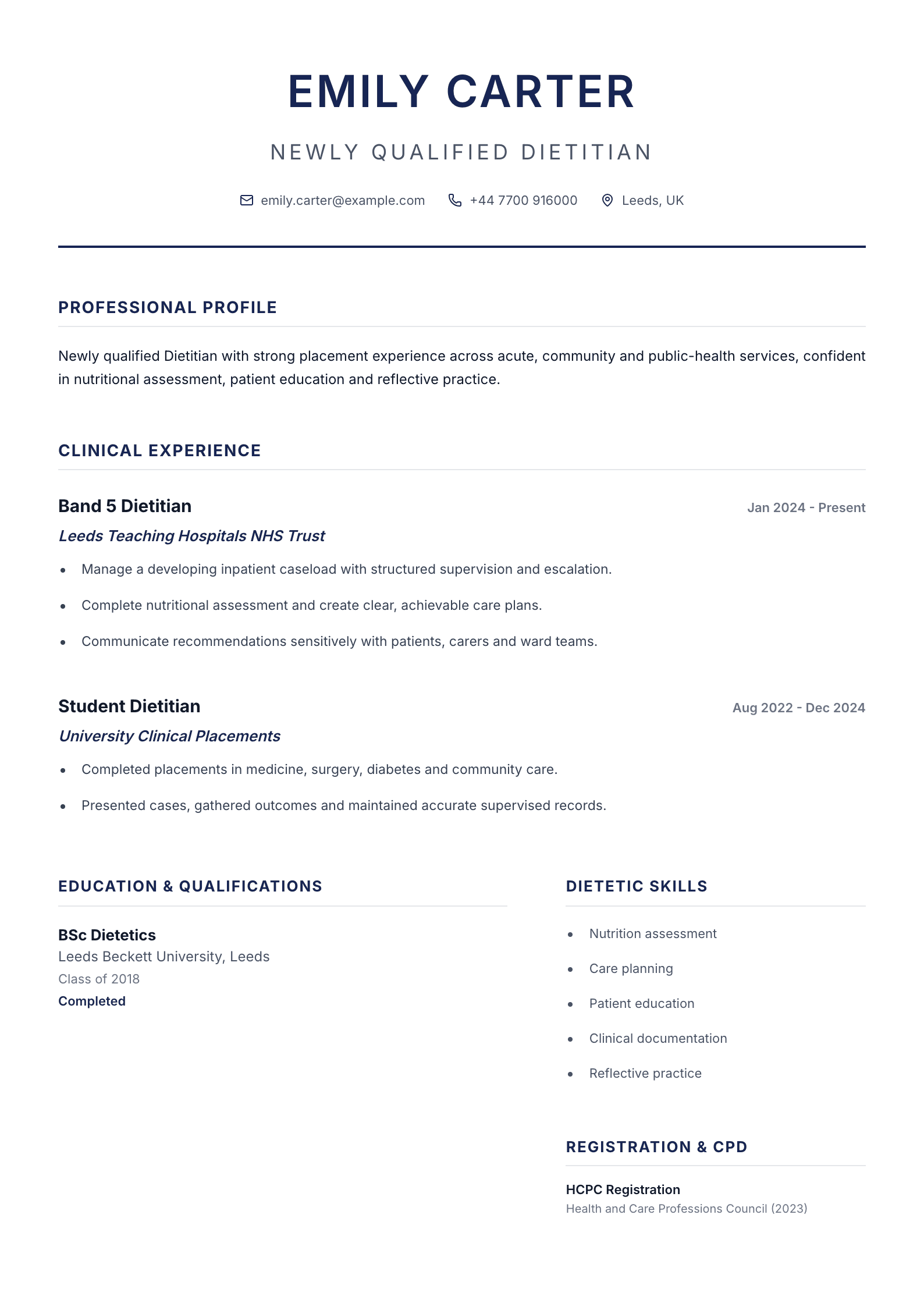 Newly Qualified Dietitian CV template