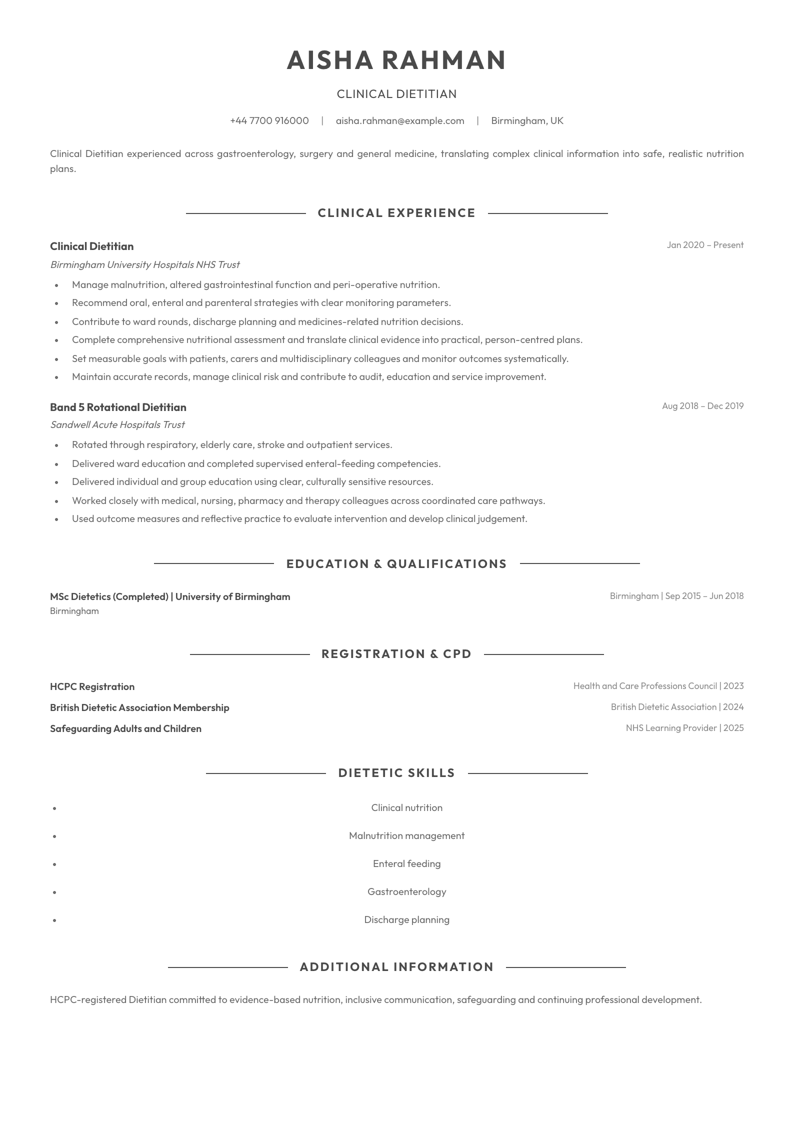 Clinical Dietitian CV template