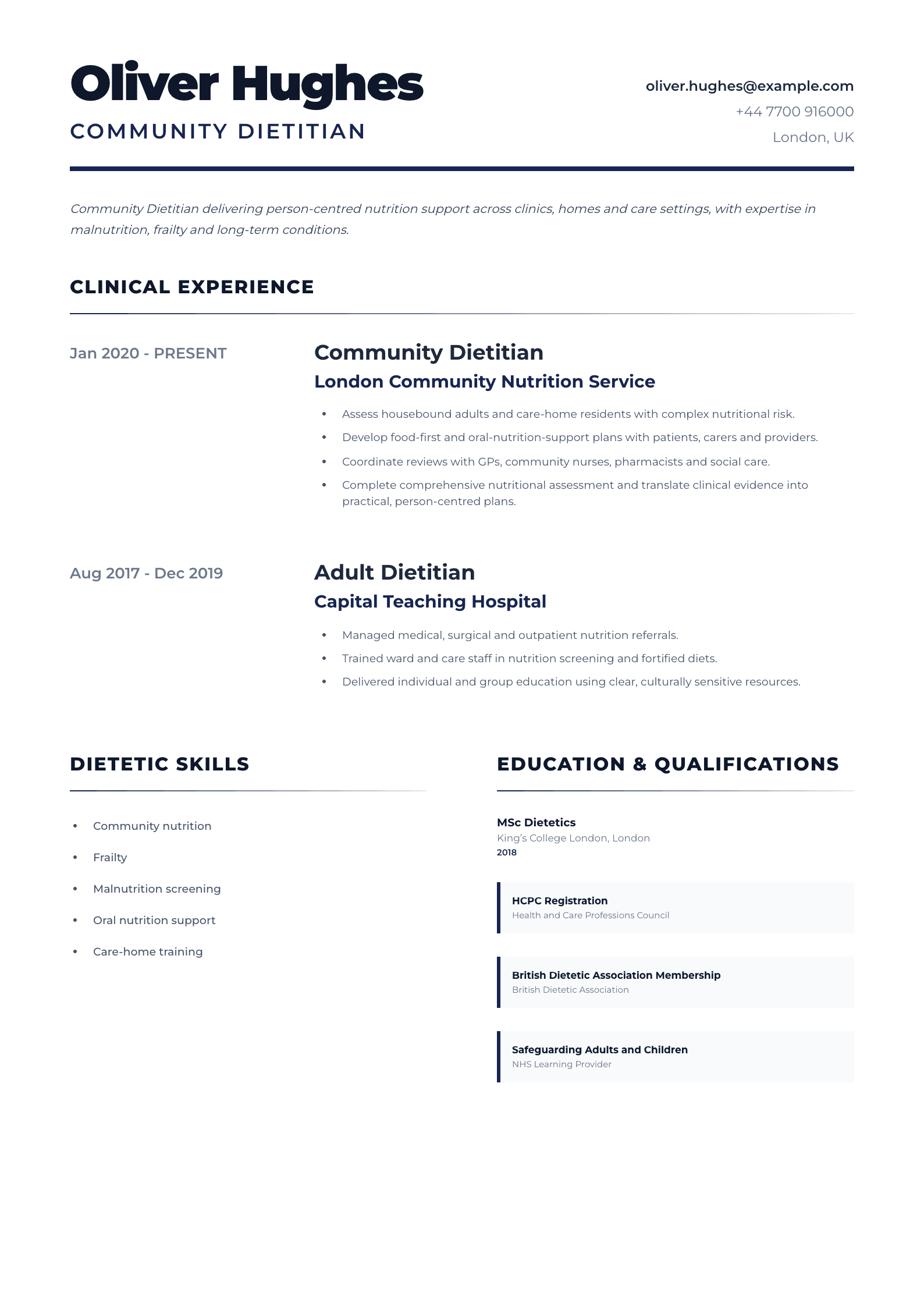 Community Dietitian CV template