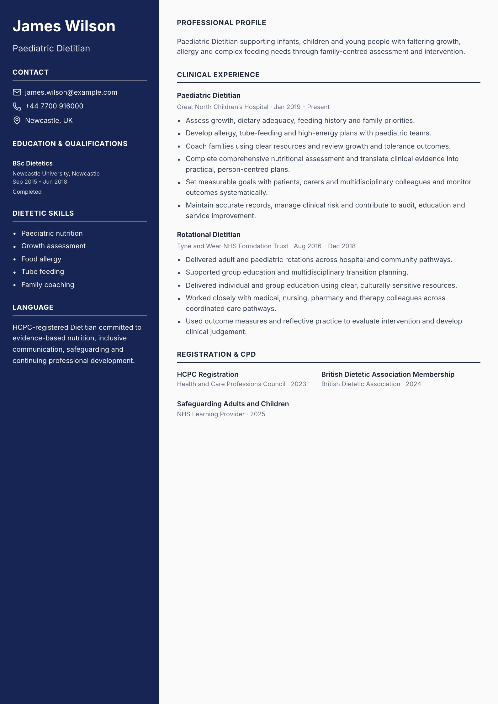 Paediatric Dietitian CV template