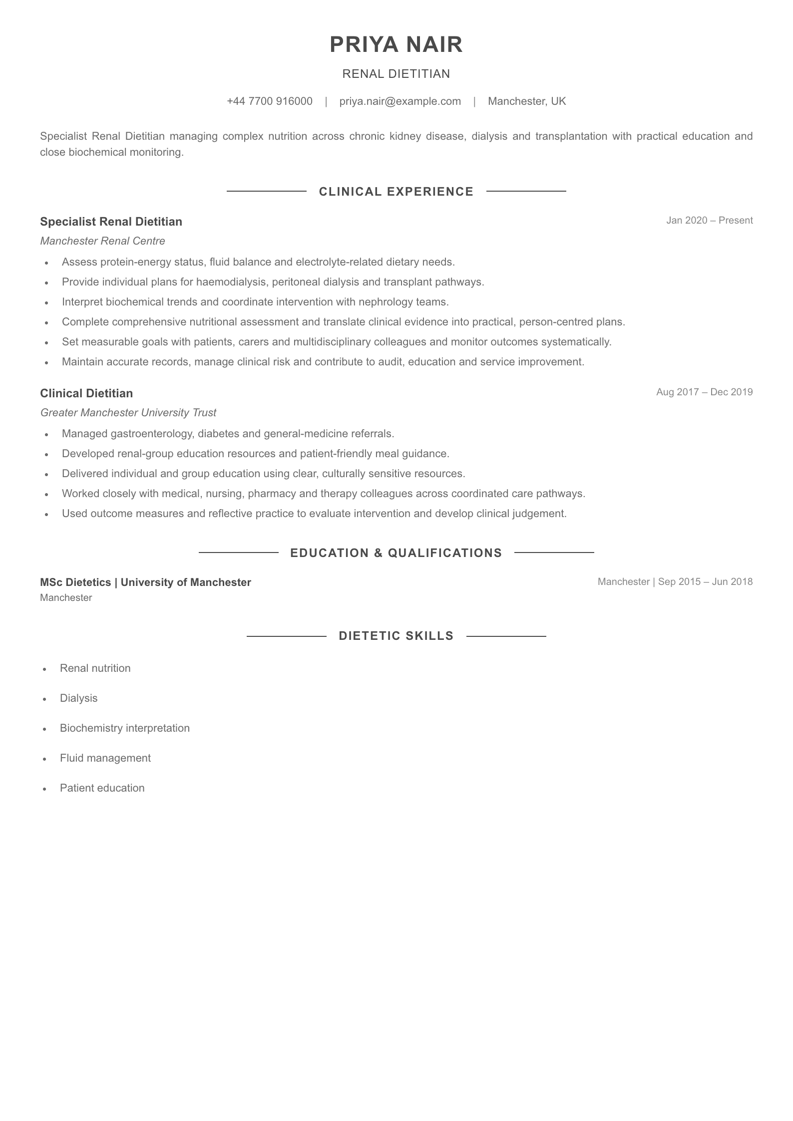 Renal Dietitian CV template