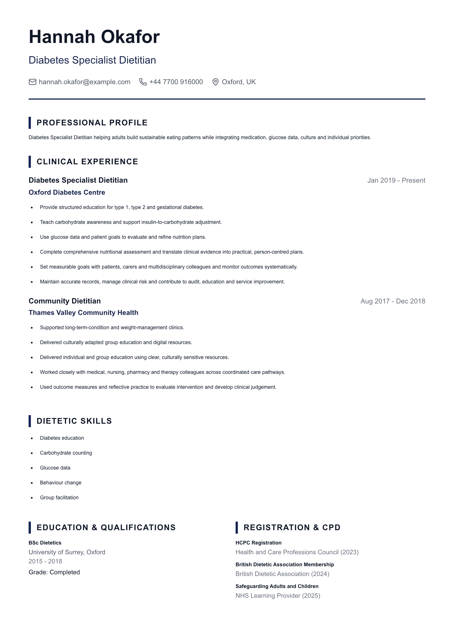 Diabetes Specialist Dietitian CV template