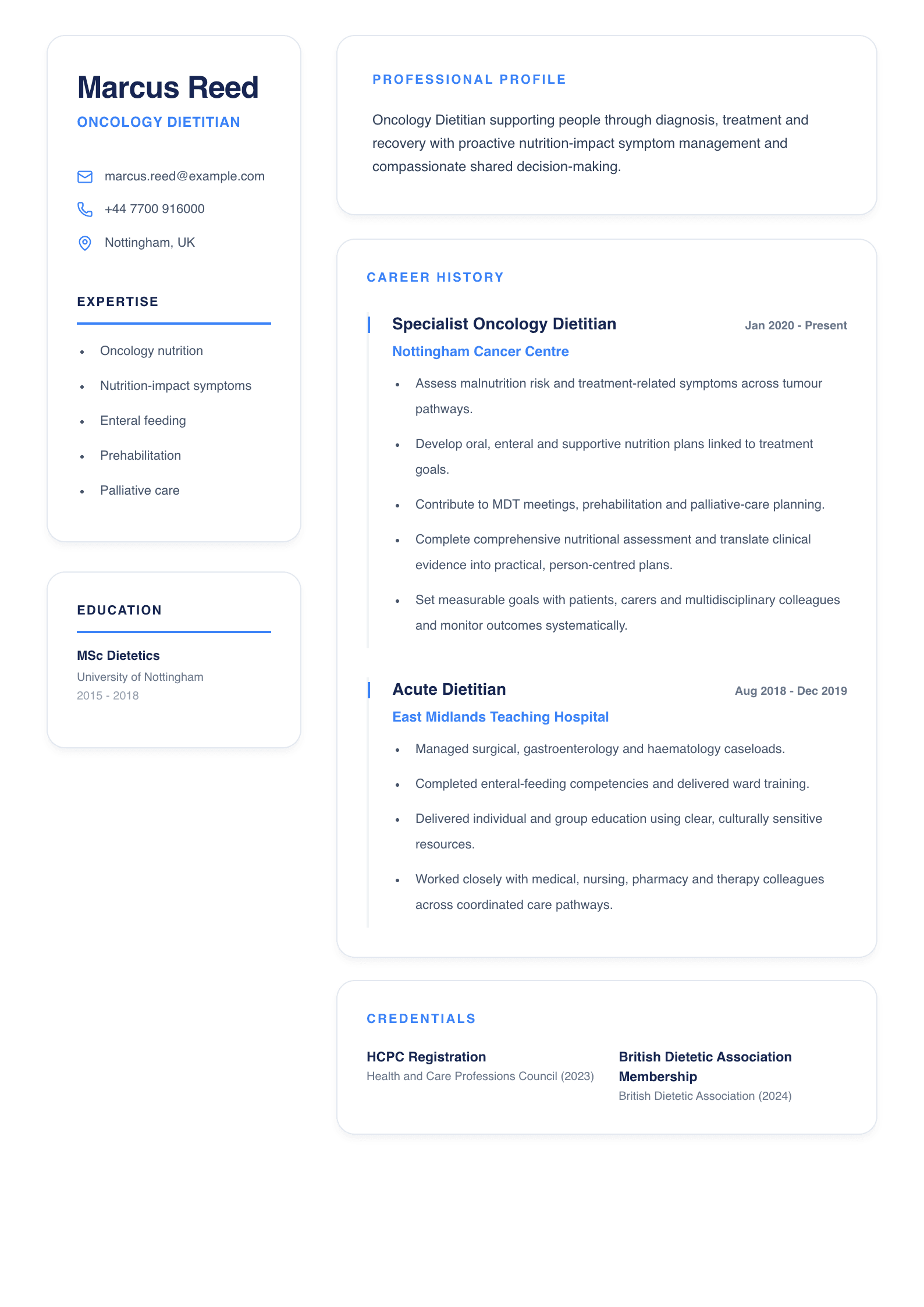 Oncology Dietitian CV template