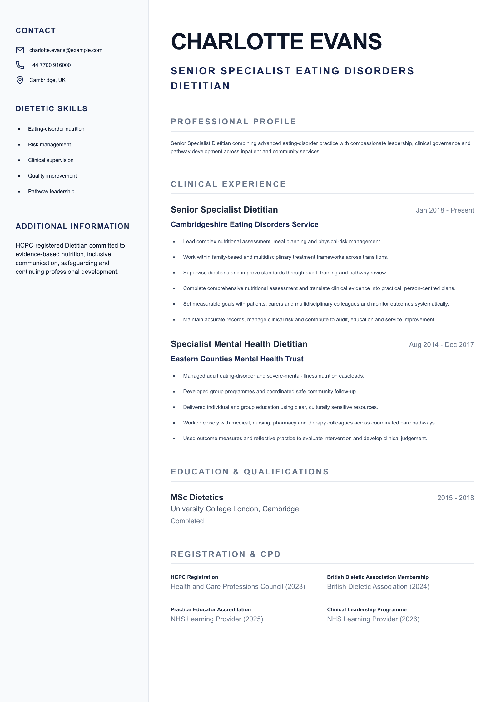 Eating Disorders Dietitian CV template