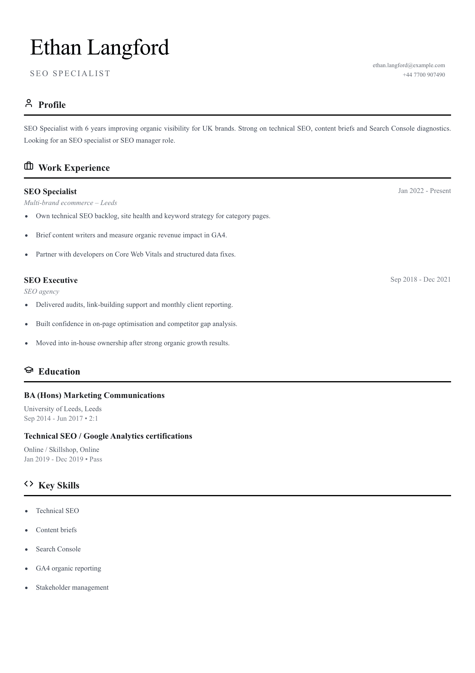 SEO specialist CV template