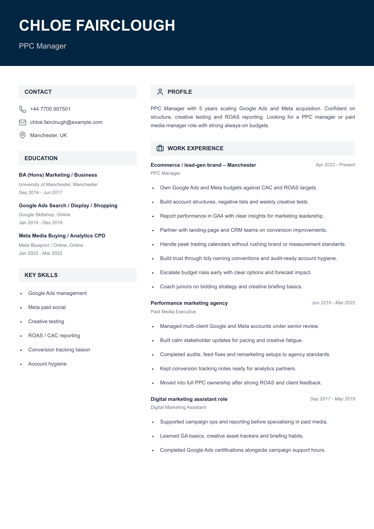 PPC manager CV template