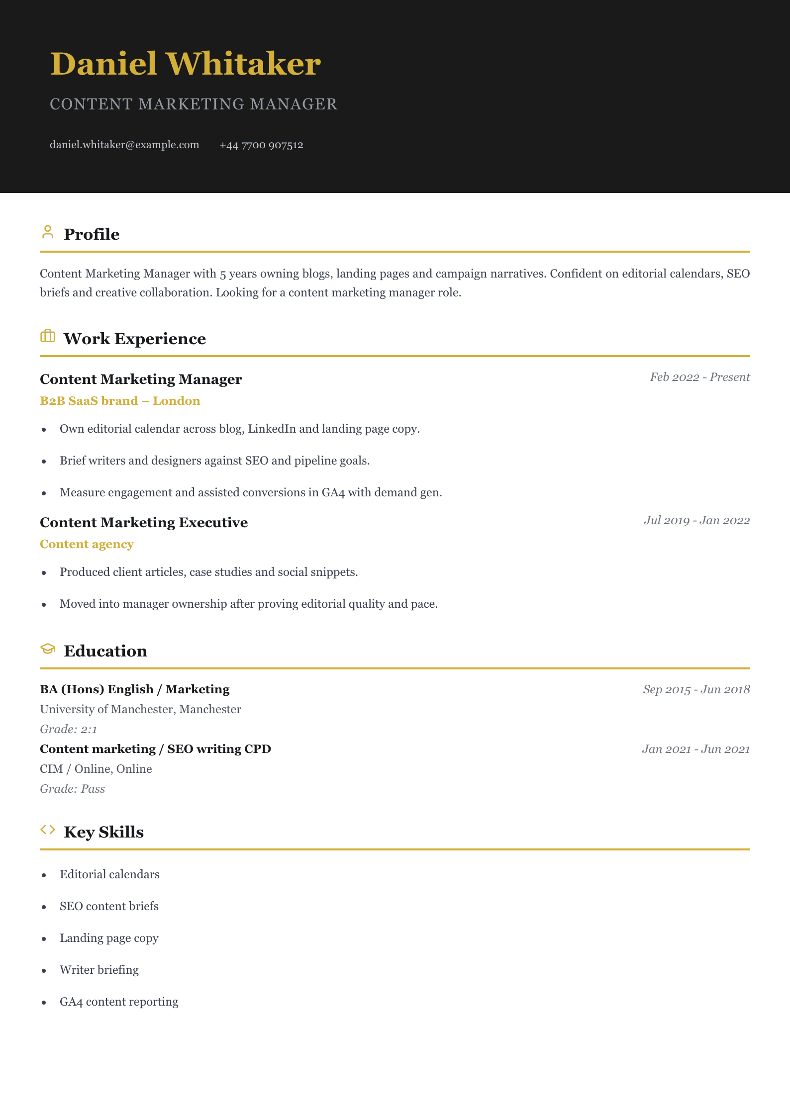 content marketing manager CV template