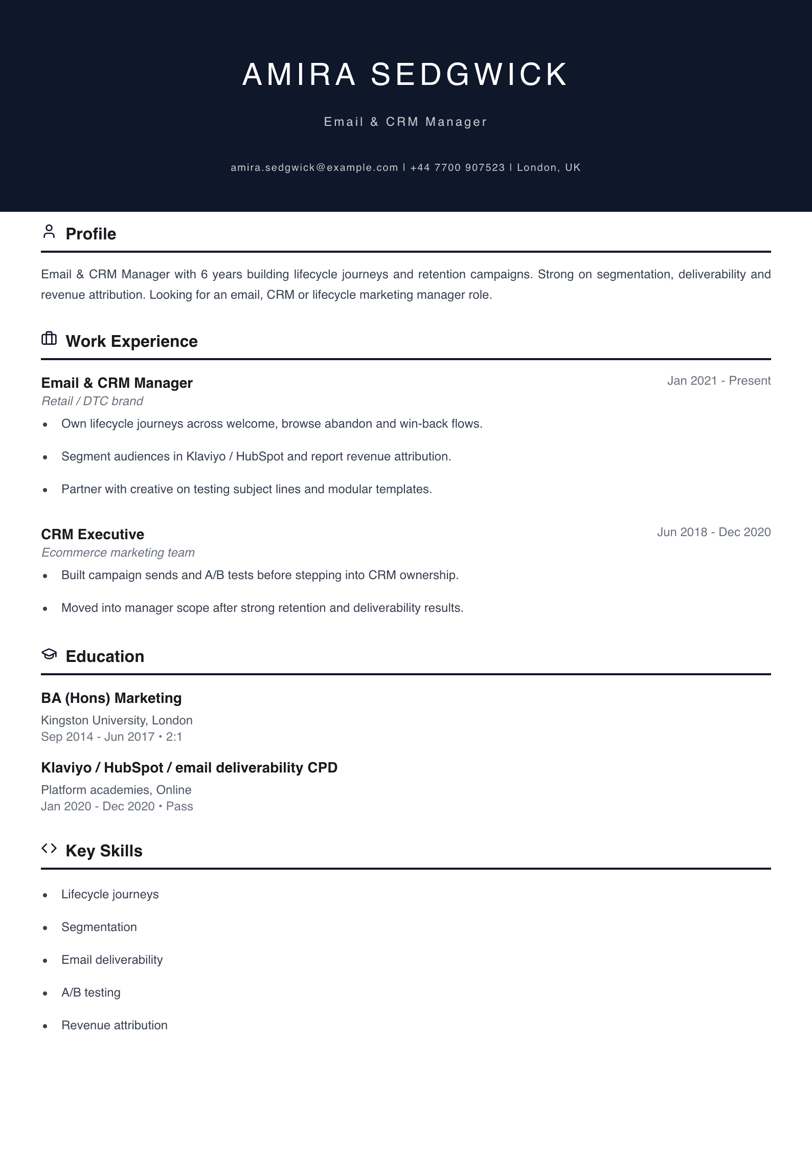 email CRM manager CV template