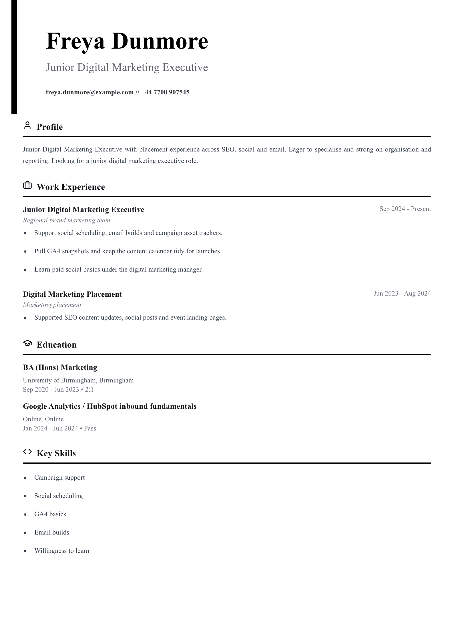 junior digital marketing executive CV template
