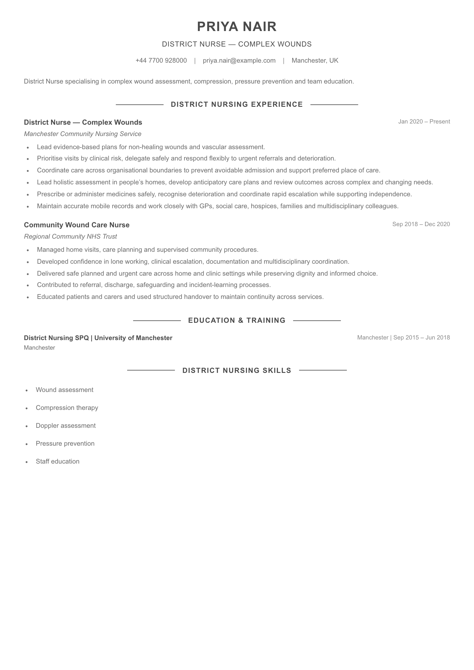 District Nurse — Complex Wounds CV template