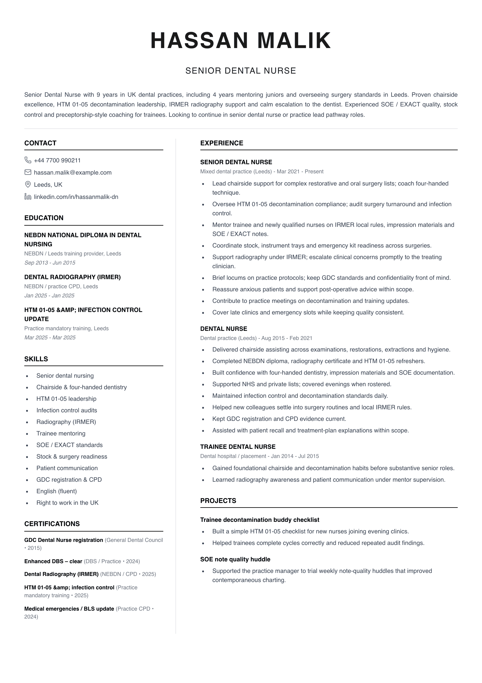 senior dental nurse cv template