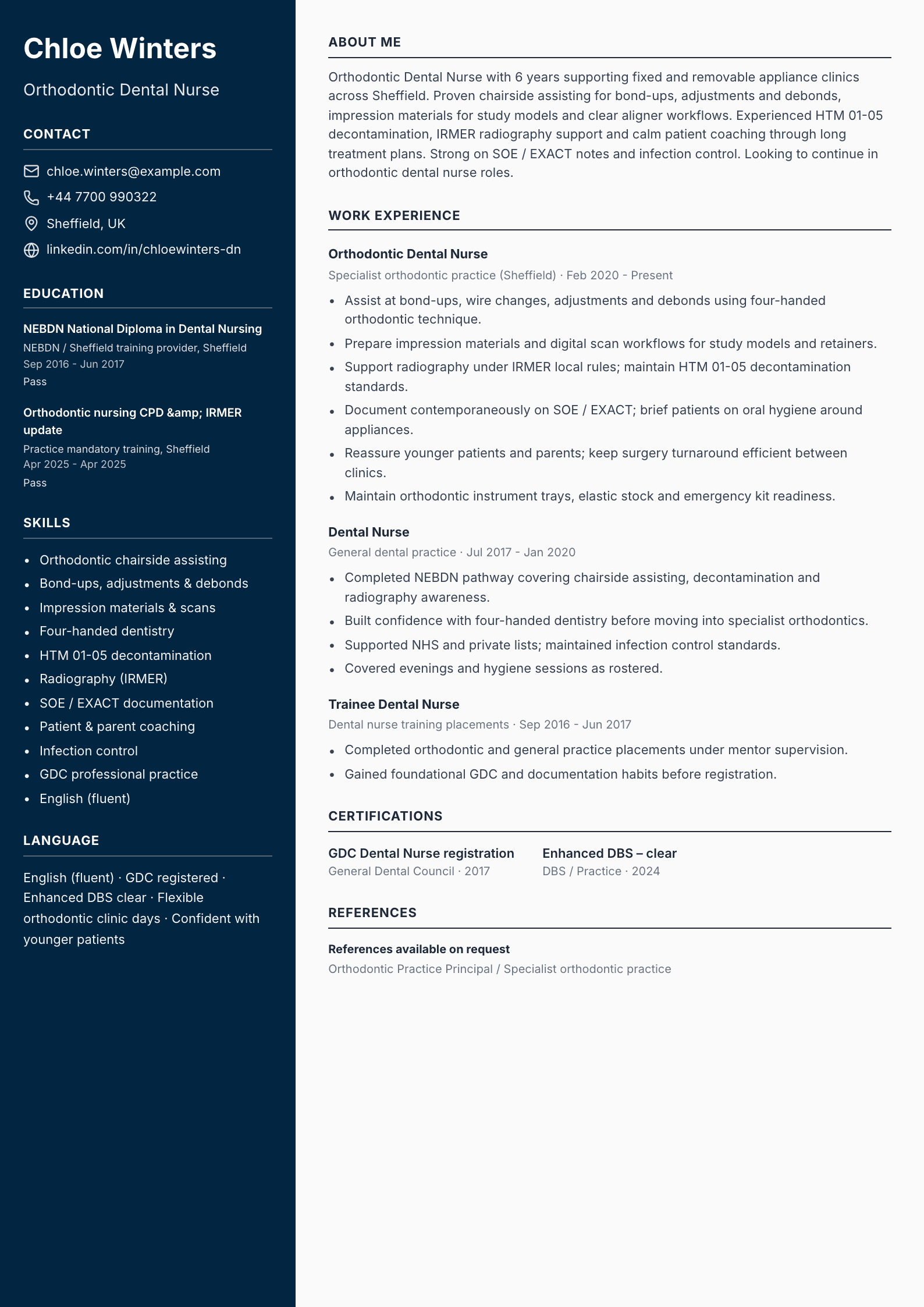 Orthodontic dental nurse CV template