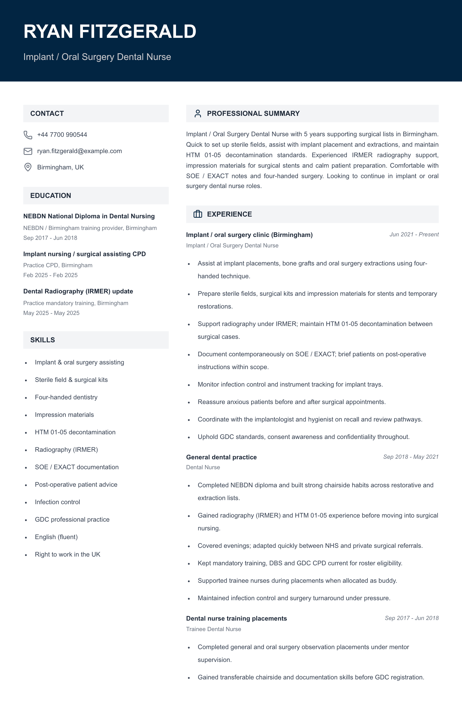 Implant oral surgery dental nurse CV template