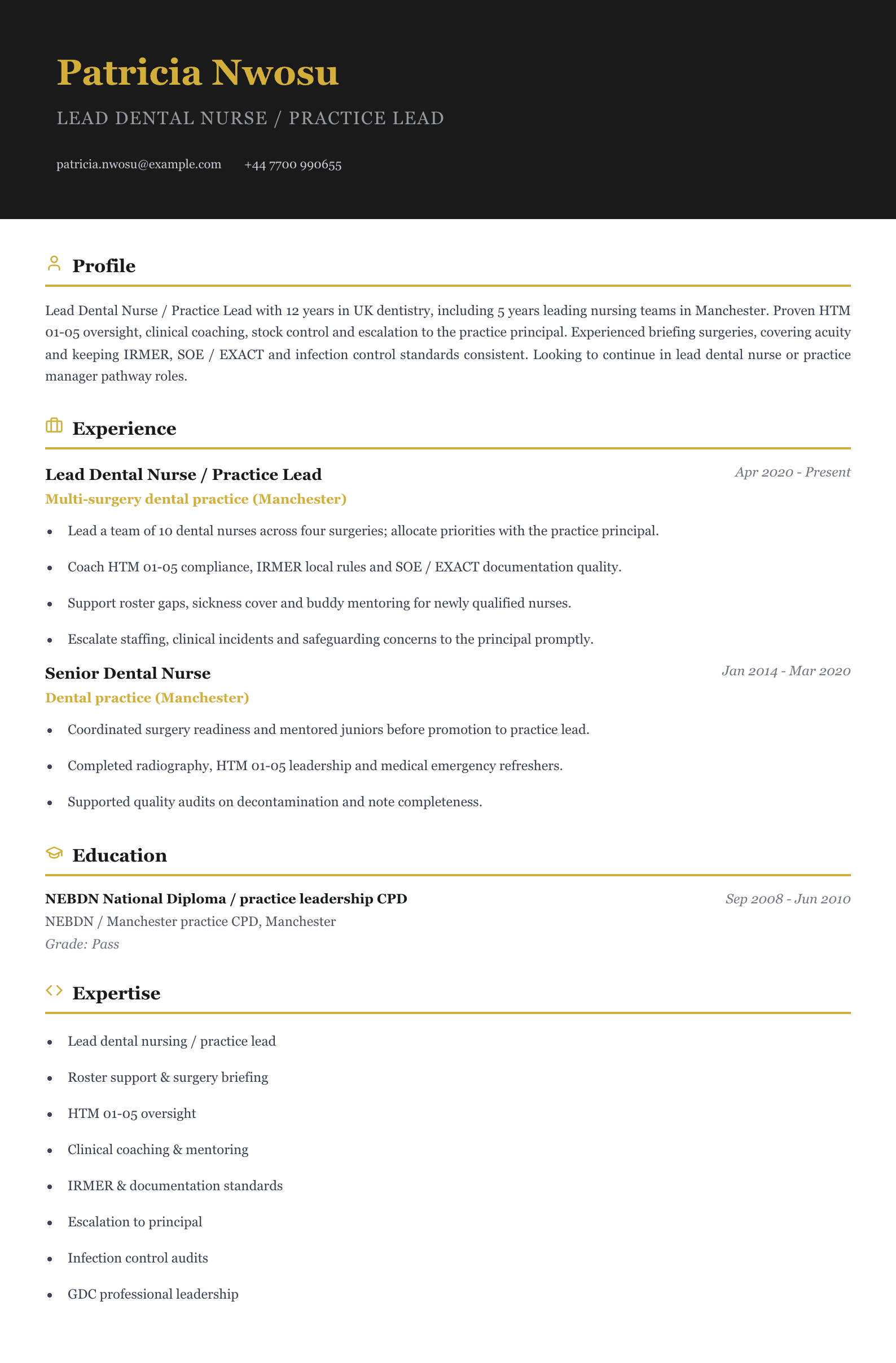 lead dental nurse practice lead cv template