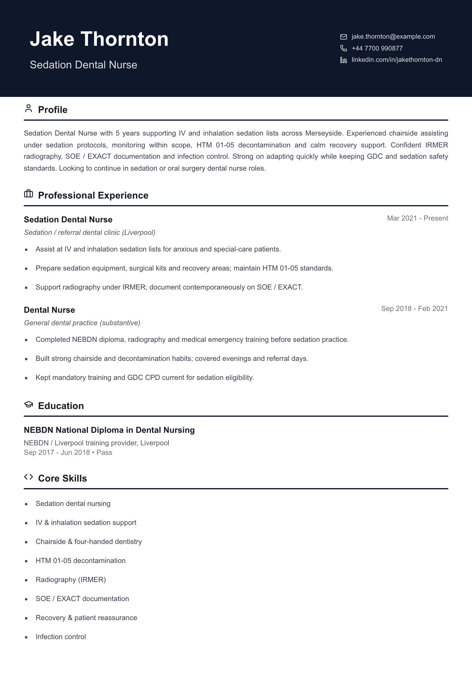 sedation dental nurse cv template