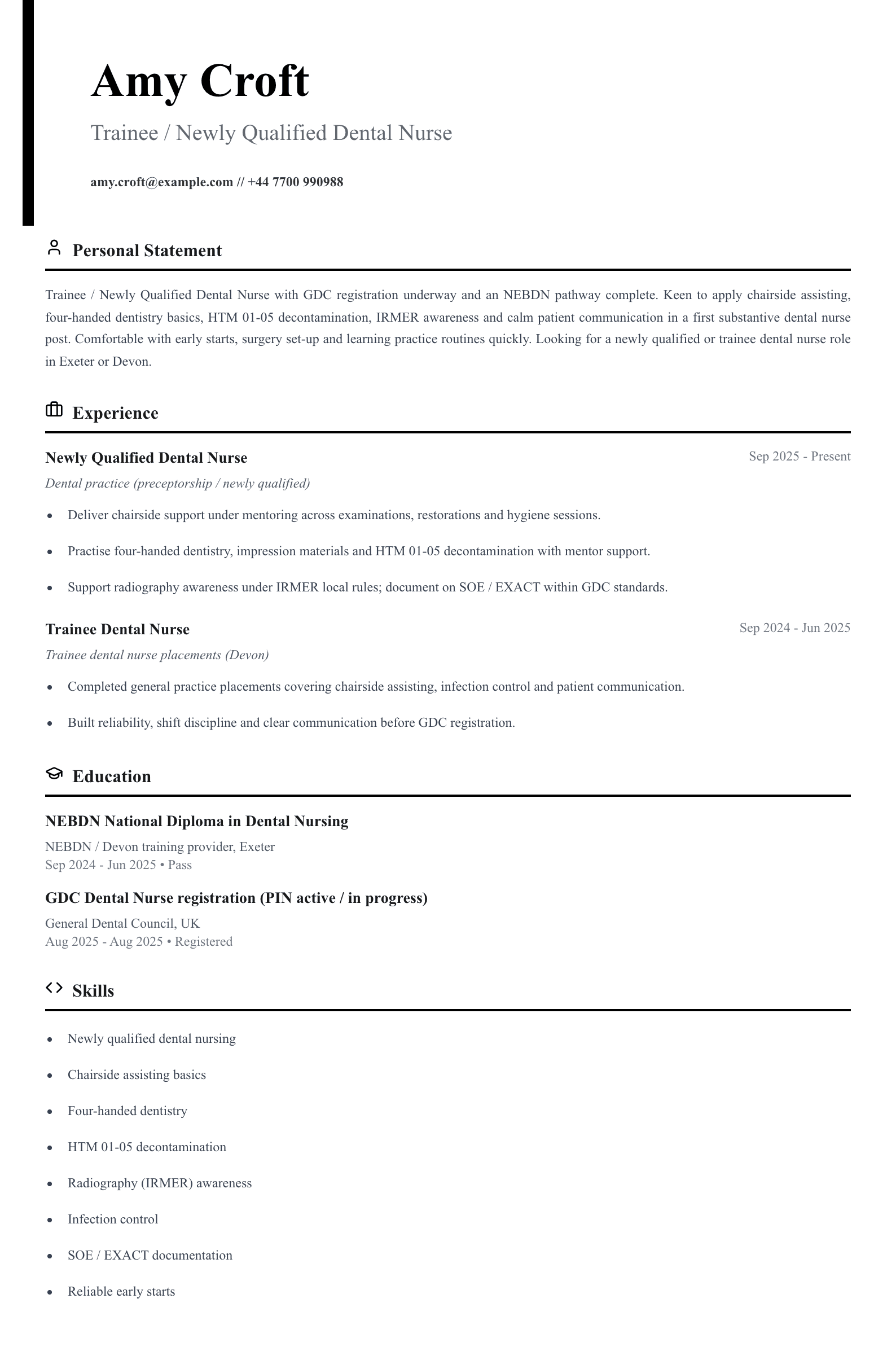 trainee newly qualified dental nurse cv template