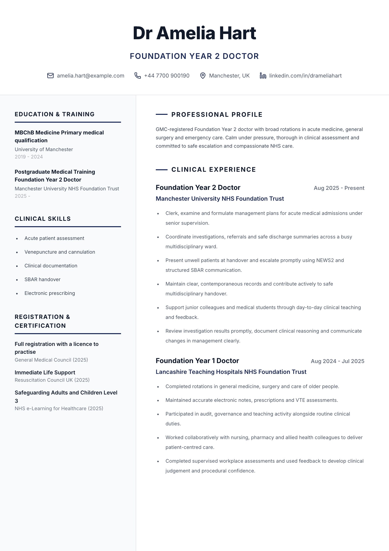 Foundation year doctor CV template