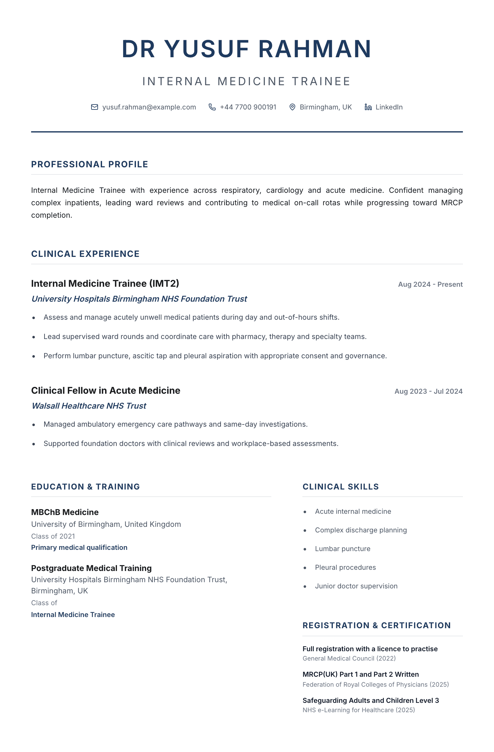 Internal Medicine Trainee CV template