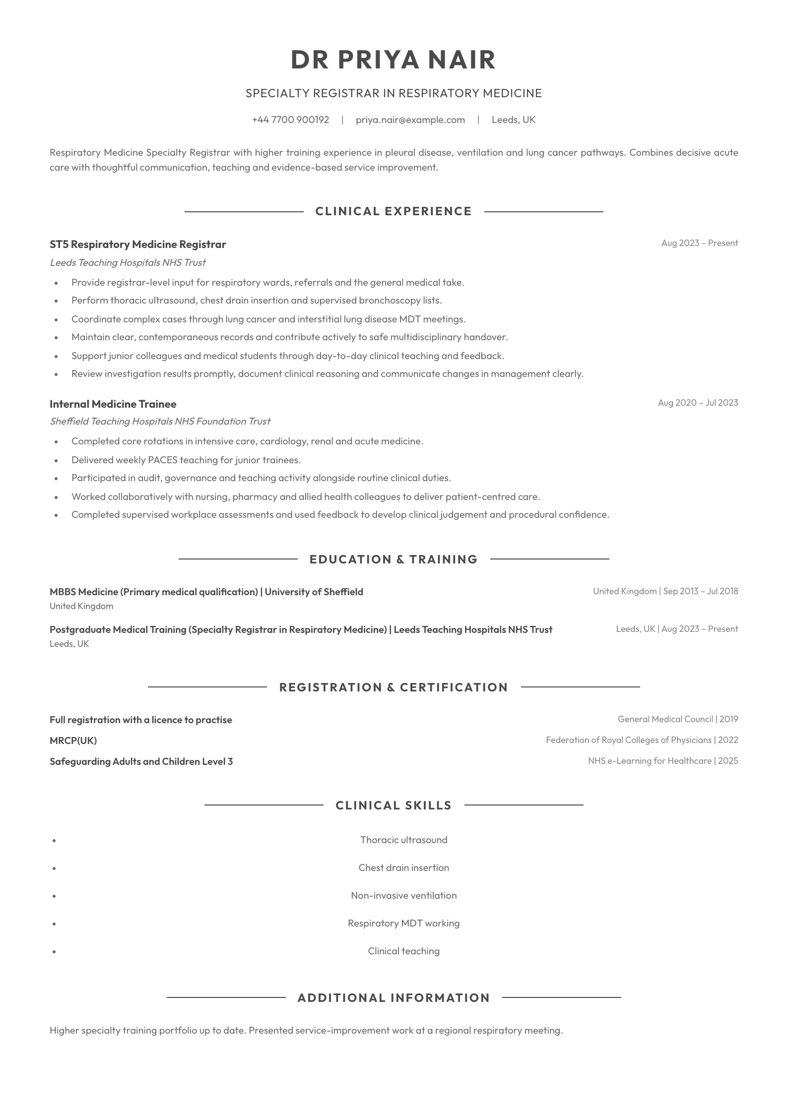 Specialty registrar doctor CV template