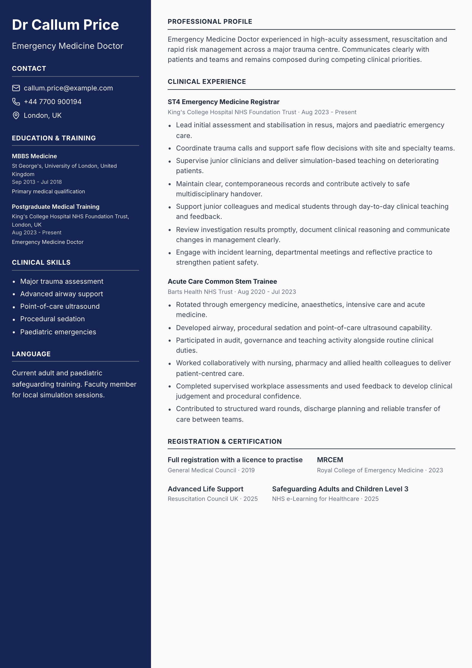 Emergency Medicine Doctor CV template