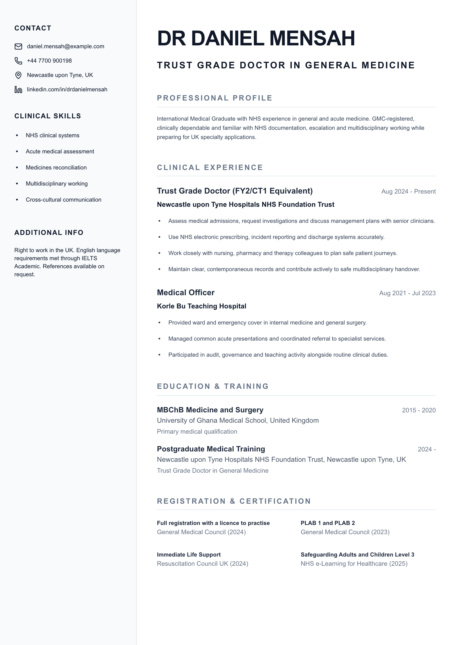 International Medical Graduate CV template