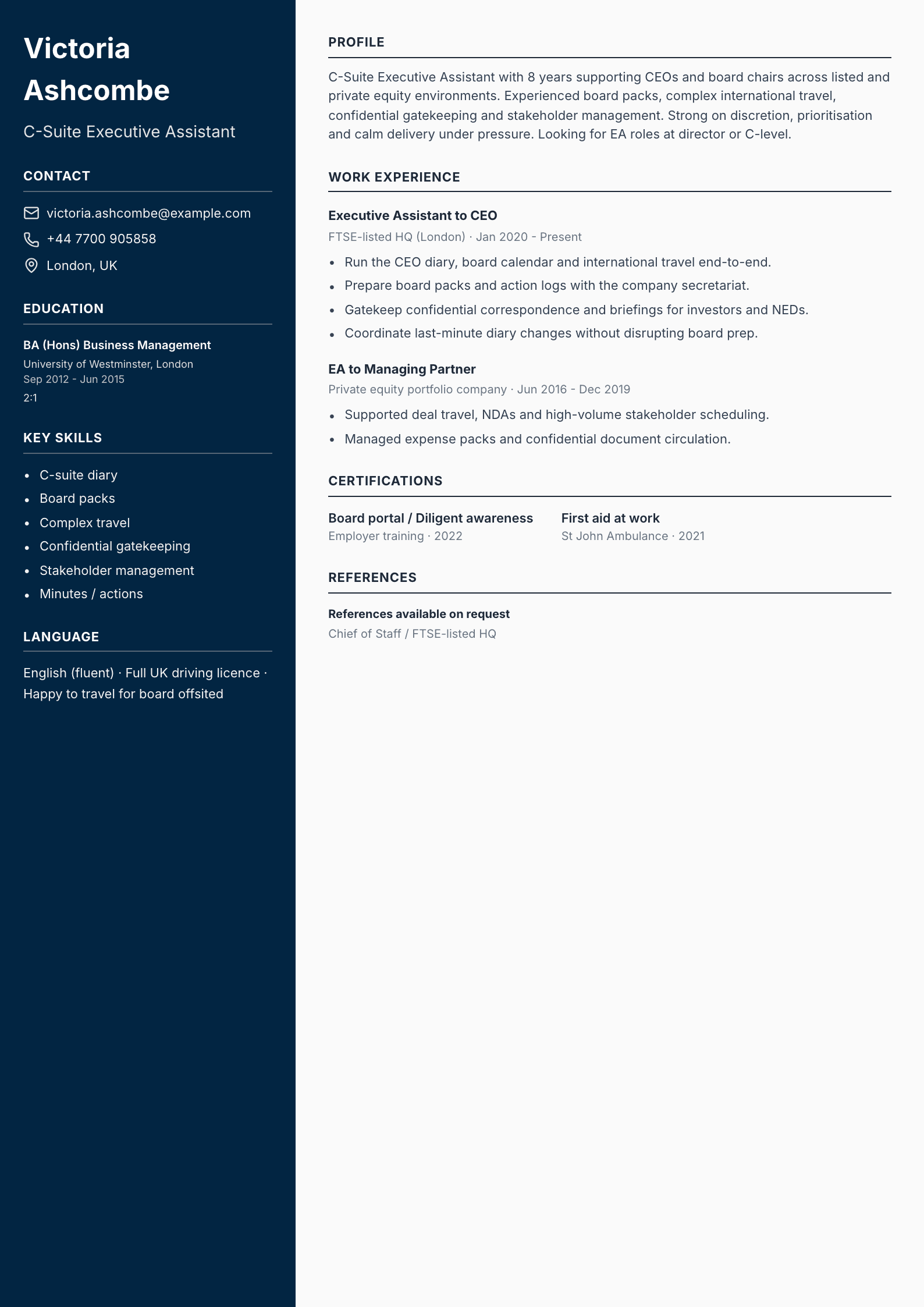 c-suite executive assistant cv template