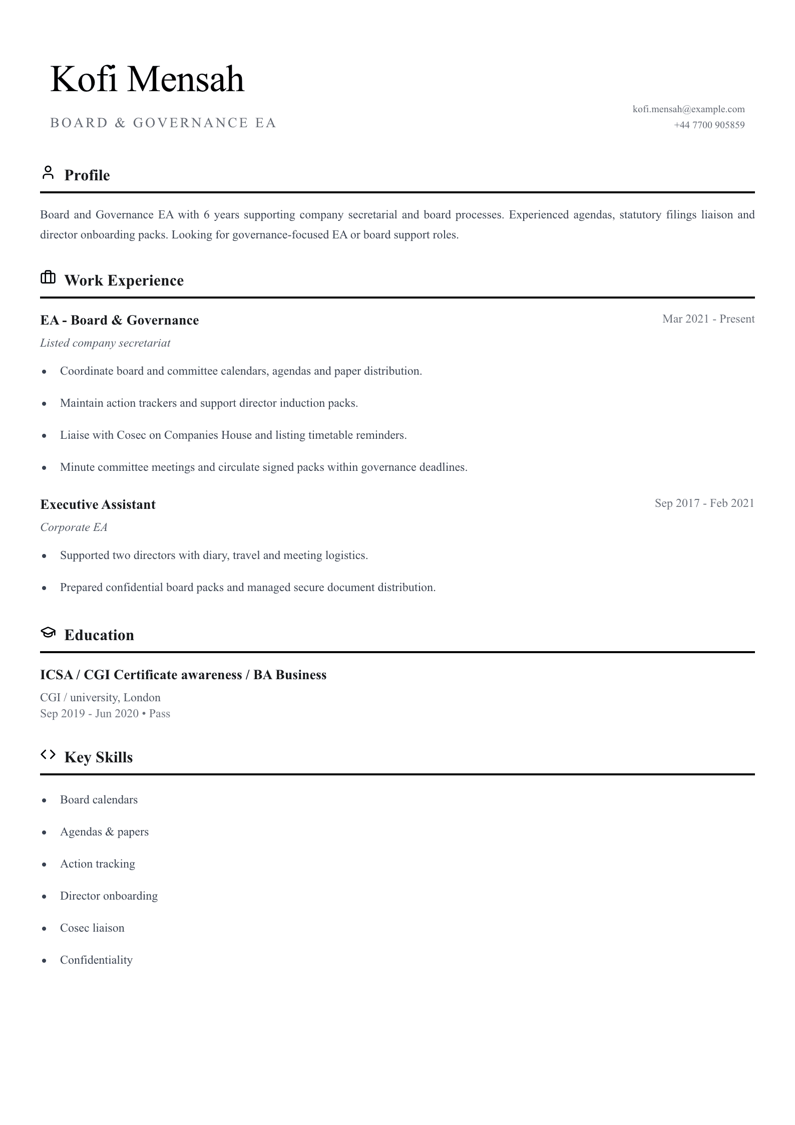 board governance executive assistant cv template